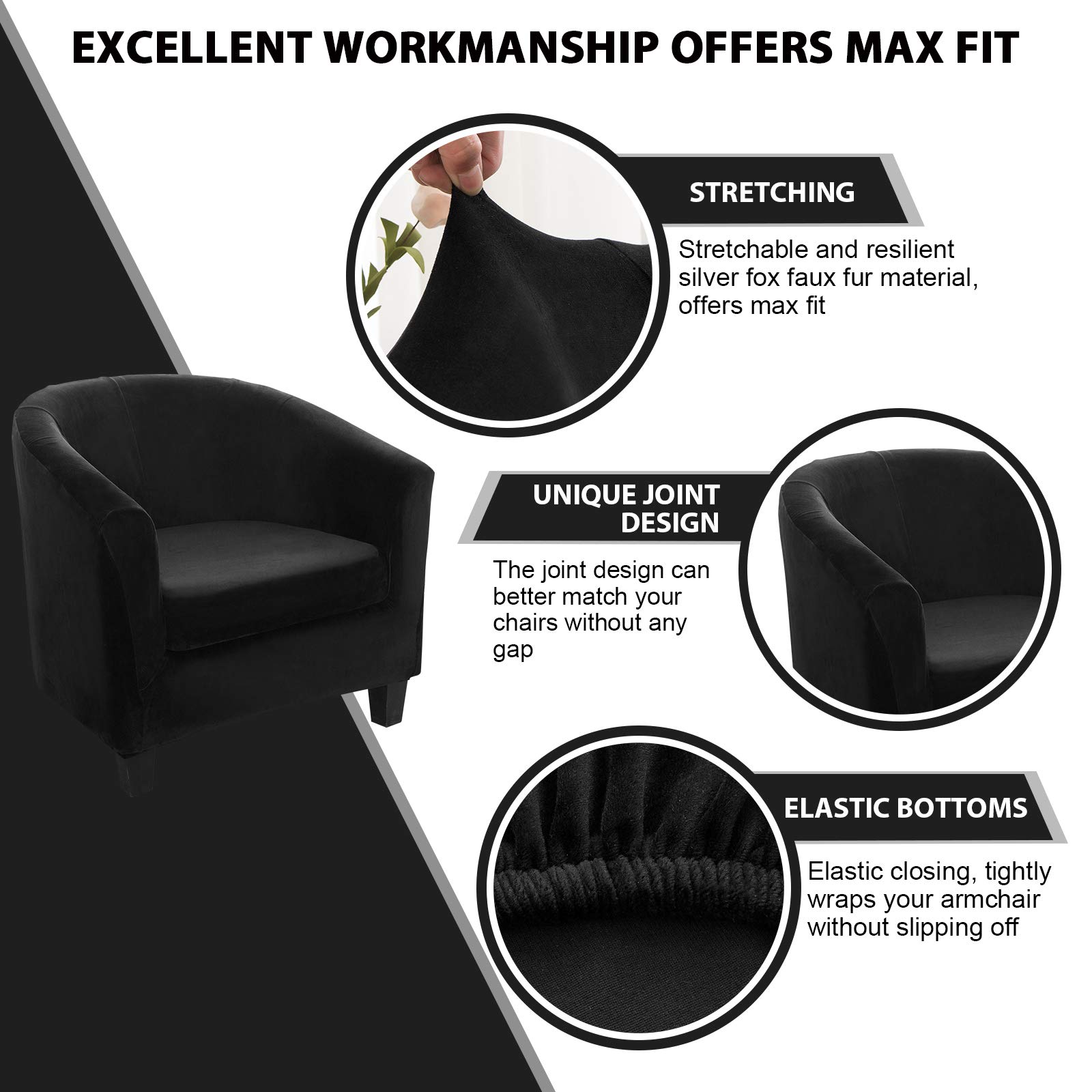 2-Piece Velvet Club Chair Cover Set with Cushion Cover - Stretchable Jacquard Spandex Armchair Protector for Living Room, Bar, Hotel & Internet Cafe Furniture (Black, 1 Piece) - Perfect for Home Decor, Office Seating & Commercial Spaces