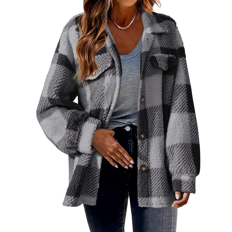 Women's Wool Plaid Jacket with Turn-Down Collar & Pockets - Single Breasted Button Down Coat for Autumn & Winter - Perfect for Office, Casual Outings & Outdoor Activities