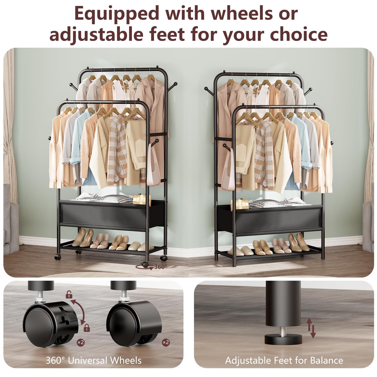 Furologee Double Rod Rolling Garment Rack with Wheels & Storage Box - Heavy Duty Clothes Hanging Organizer with 4 Hooks - Portable Wardrobe for Bedroom, Living Room, Closet (Black) | Perfect for Small Spaces, Dorm Rooms & Apartment Organization