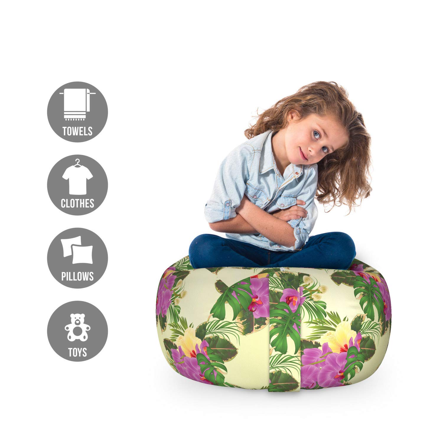 Ambesonne Philodendron Storage Toy Bag Chair - Monstera Leaves, Orchid & Hibiscus Floral Pattern, Washable Stuffed Animal Organizer, Small Size (Cream Fuchsia) - Perfect for Kids' Room, Nursery & Playroom Organization