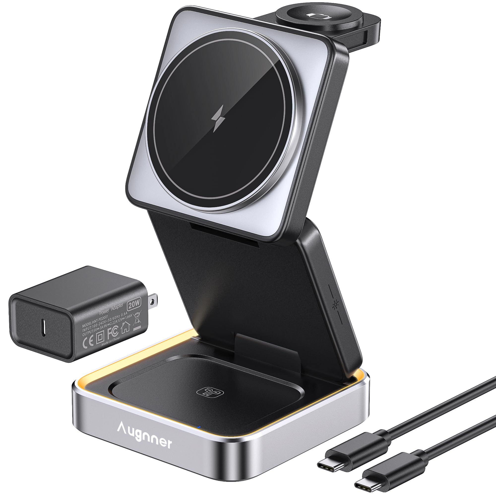 2025 Upgraded 3-in-1 Foldable Wireless Charging Station with Night Light - 20W Fast Charger for iPhone 15/14/13/12 (MagSafe Compatible), Apple Watch & AirPods - Portable Travel Charger Stand & Nightstand Organizer - Perfect for Bedroom, Office and On-the-Go Charging