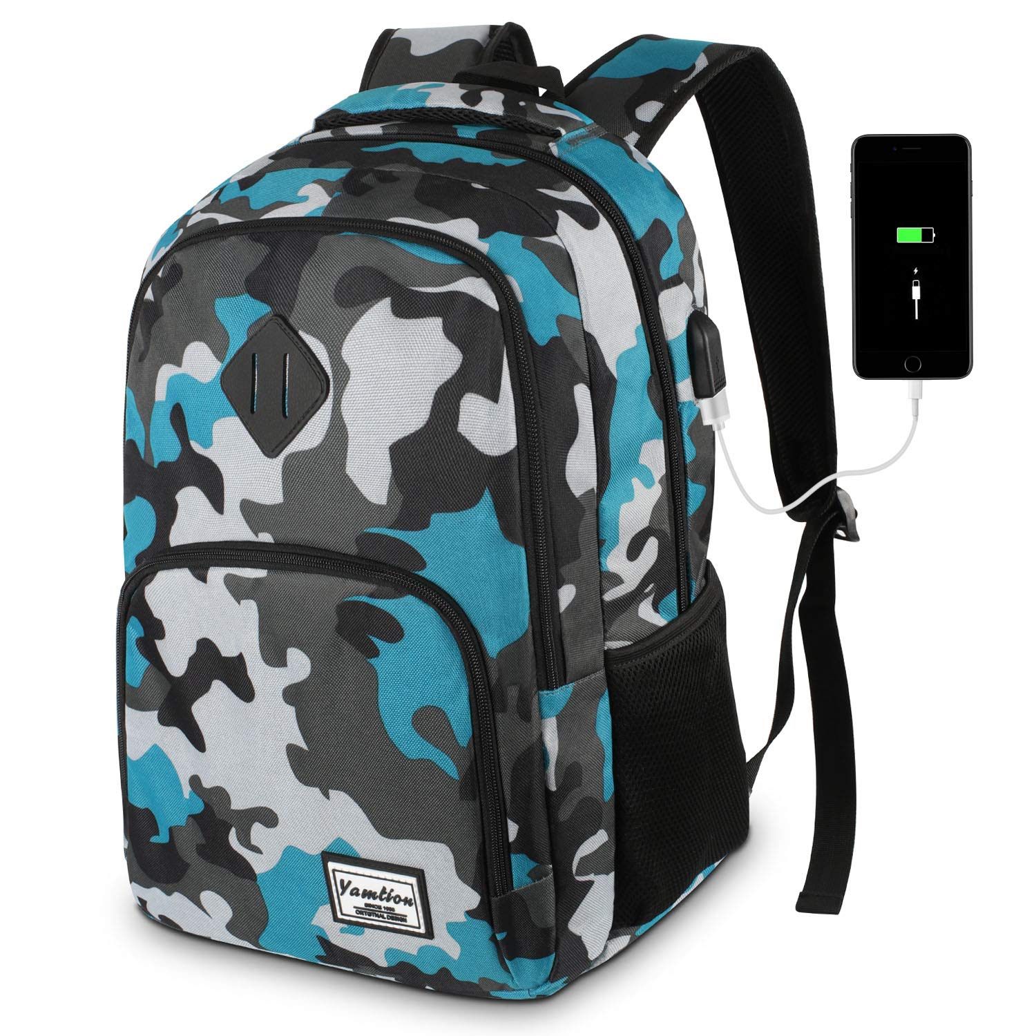 17 Inch School Backpack for Teen Boys & College Students - Durable Bookbag with USB Charging Port & Camouflage Blue Design - Perfect for High School, College, Travel & Daily Commute