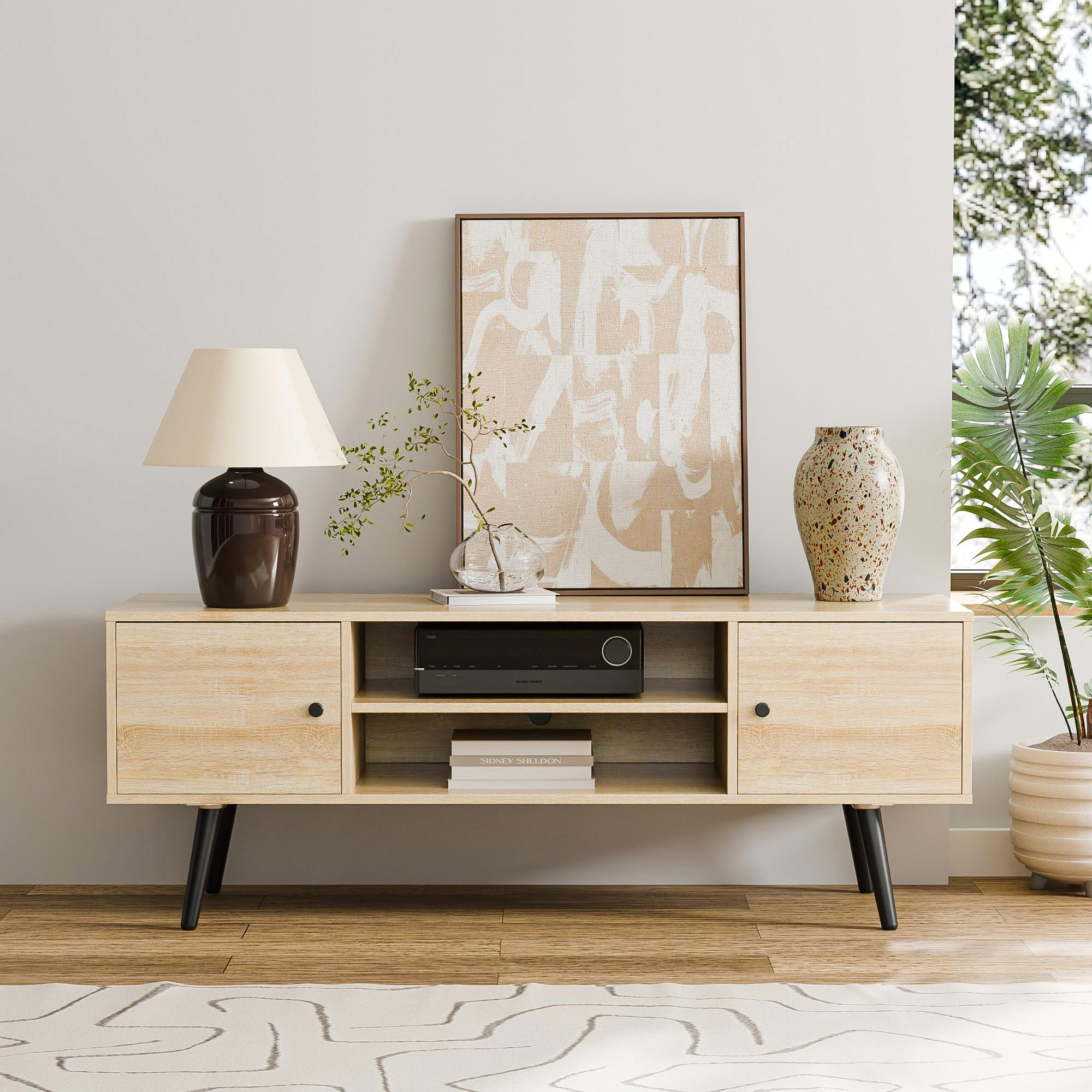 Mid Century Modern TV Stand for 55-60 Inch TVs - Cozy Castle Entertainment Center with Storage, Media Console Table for Living Room, Bedroom & Office - Perfect for Home Theater Setup and Stylish Home Decor
