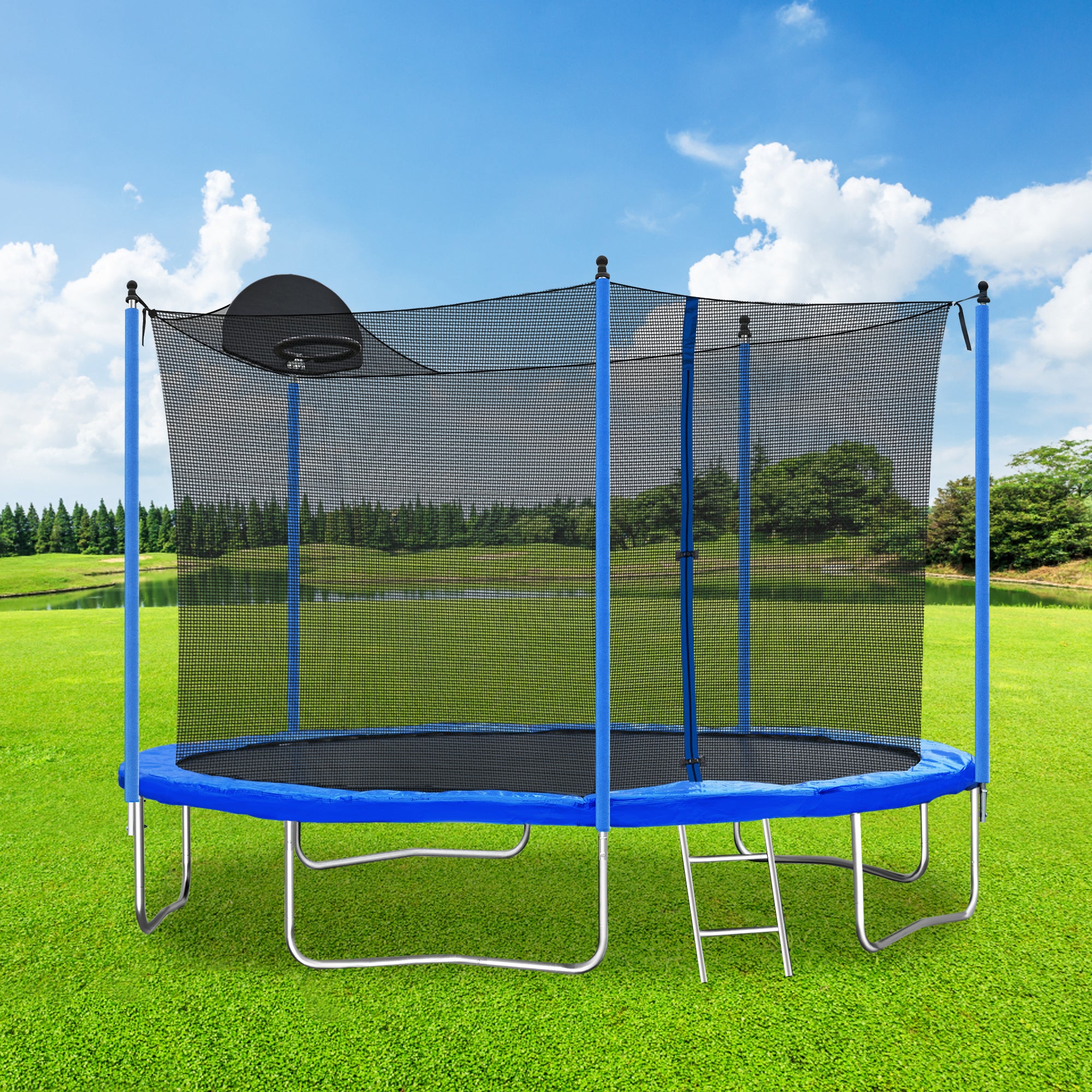 12FT Trampoline with Basketball Hoop, Ladder & Safety Enclosure Net - Outdoor Bouncer for Kids & Adults - Perfect for Backyard Fun, Exercise & Family Bonding