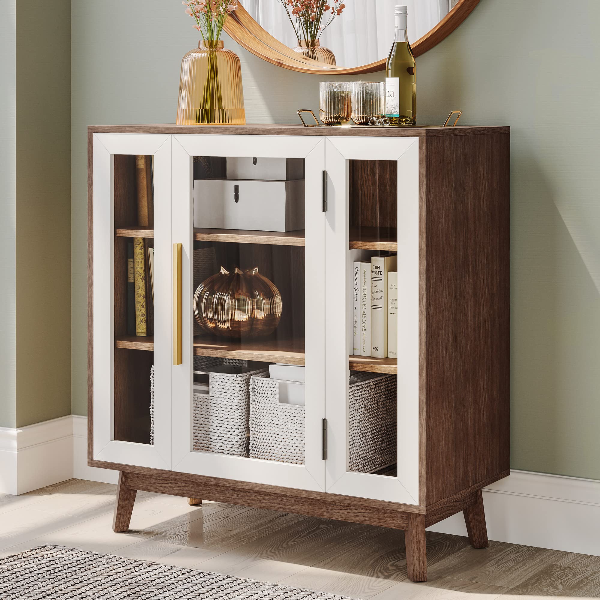 BELLEZE 3-Tier Sideboard Buffet Cabinet - Modern Glass Display Curio Cabinet with Storage, White Kitchen Pantry & Coffee Bar Organizer - Perfect for Living Room, Entryway, and Dining Room Decor
