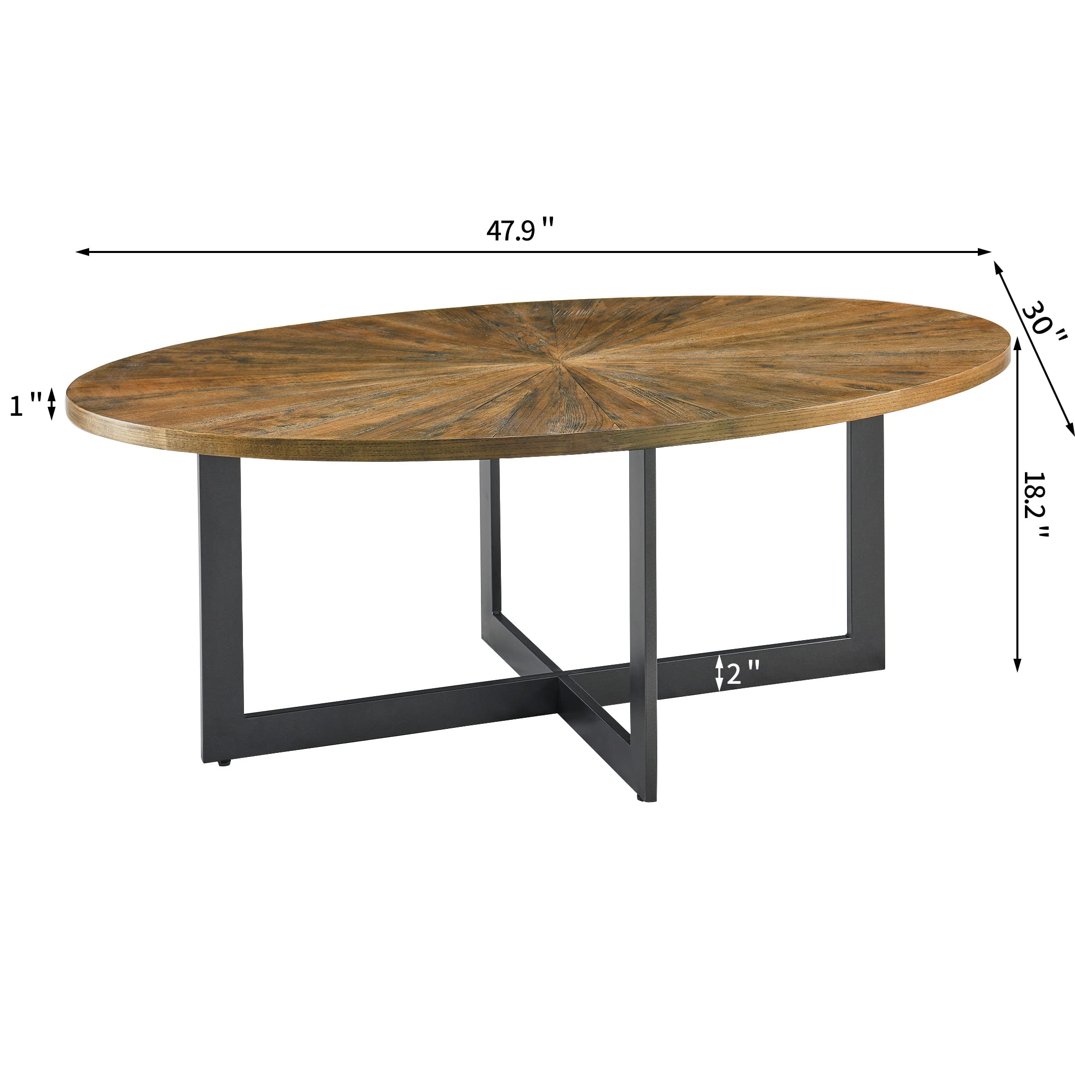 Solid Wood Oval Coffee Table with Cross Metal Legs - 47.9