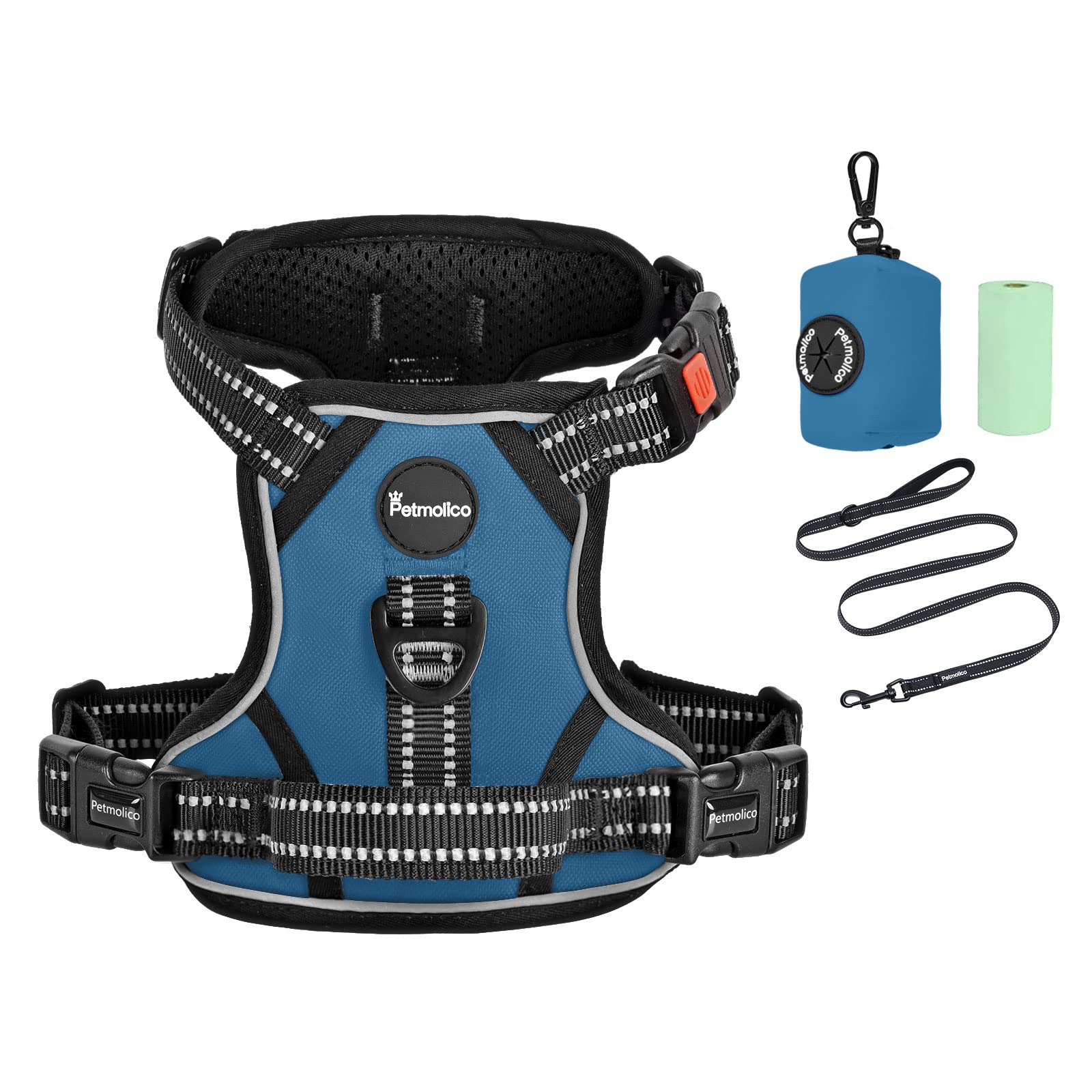 Petmolico No Pull Dog Harness Set with Reflective Vest & Leash - Easy Control Handle, Poop Bag Holder & Free Waste Bags - for Small, Medium & Large Dogs - Perfect for Walking, Training & Nighttime Safety