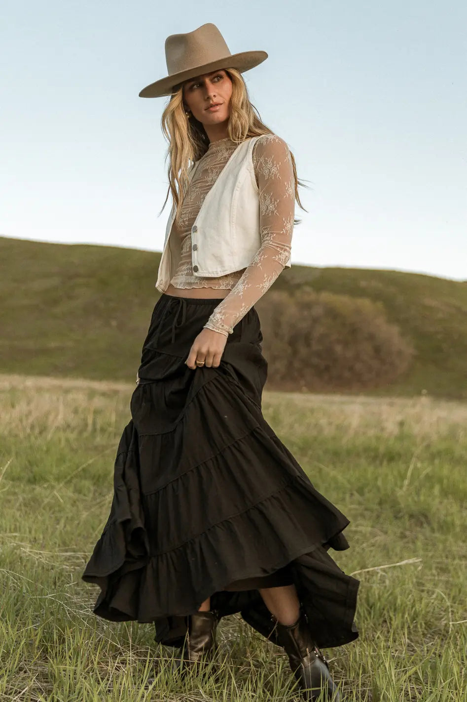 Kenzington Black Tiered Skirt for Women - Flowy Layered Midi Skirt with Elastic Waist - Perfect for Casual Outfits, Office Wear & Summer Dresses