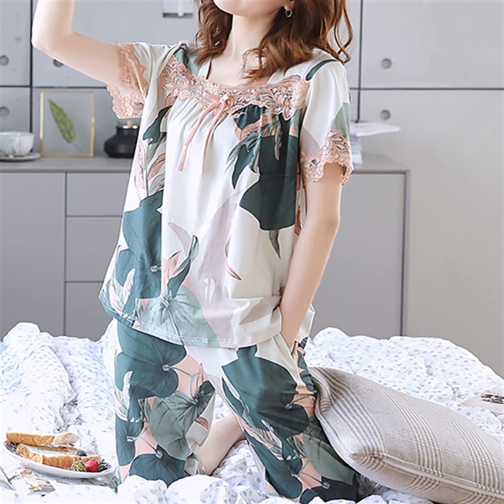 TJLSS Women's Summer Pajama Set - Modal Cotton Silk Blend Short Sleeve Top & Cropped Pants - Breathable Thin Ice Silk Sleepwear for Home & Lounge (Color A, Size M) | Perfect for Nighttime Comfort, Vacation Wear & Relaxing at Home
