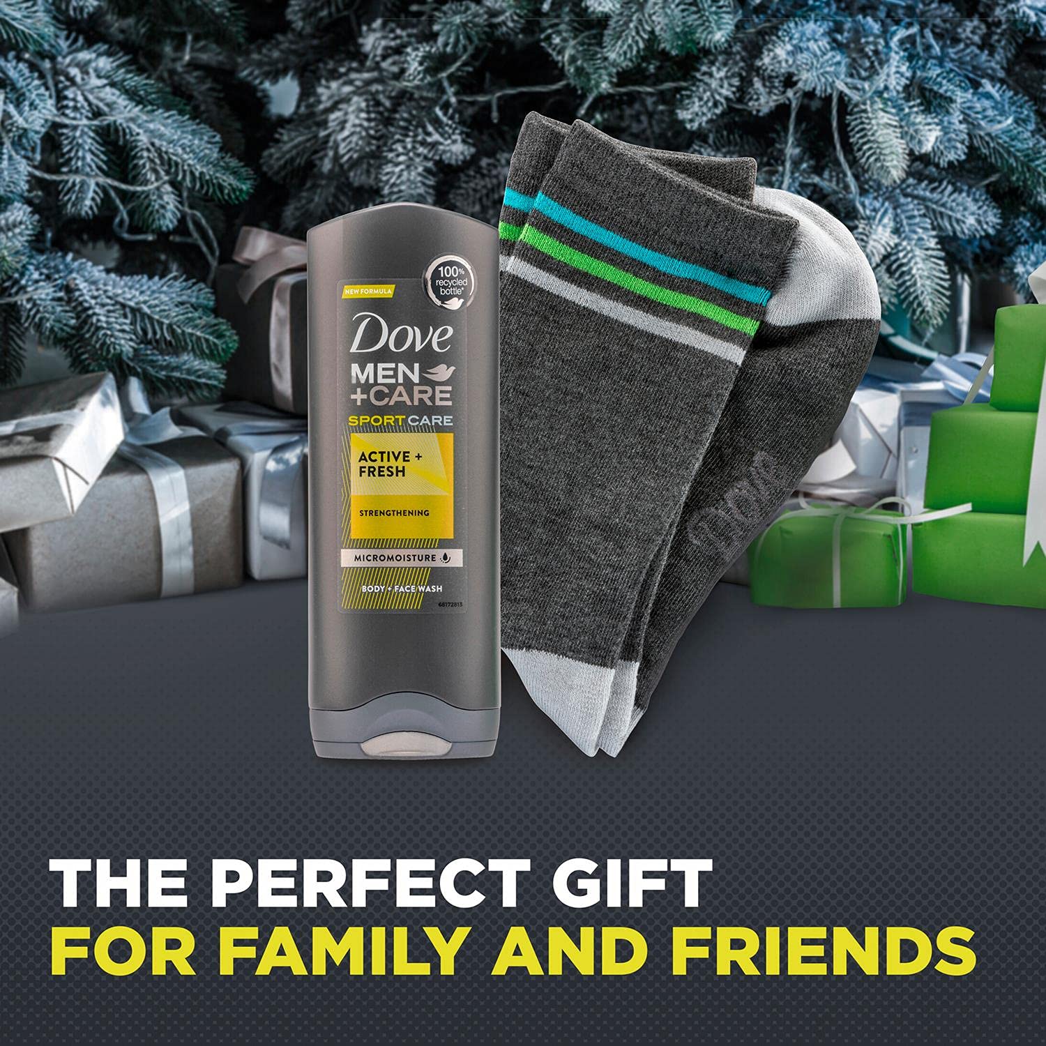 Dove Men+Care Active+Fresh Face & Body Wash 250ml with Socks Gift Set for Men - Perfect for Stocking Stuffers, Secret Santa, or Year-Round Gifting - Ideal for Gym, Travel & Daily Skincare Routine