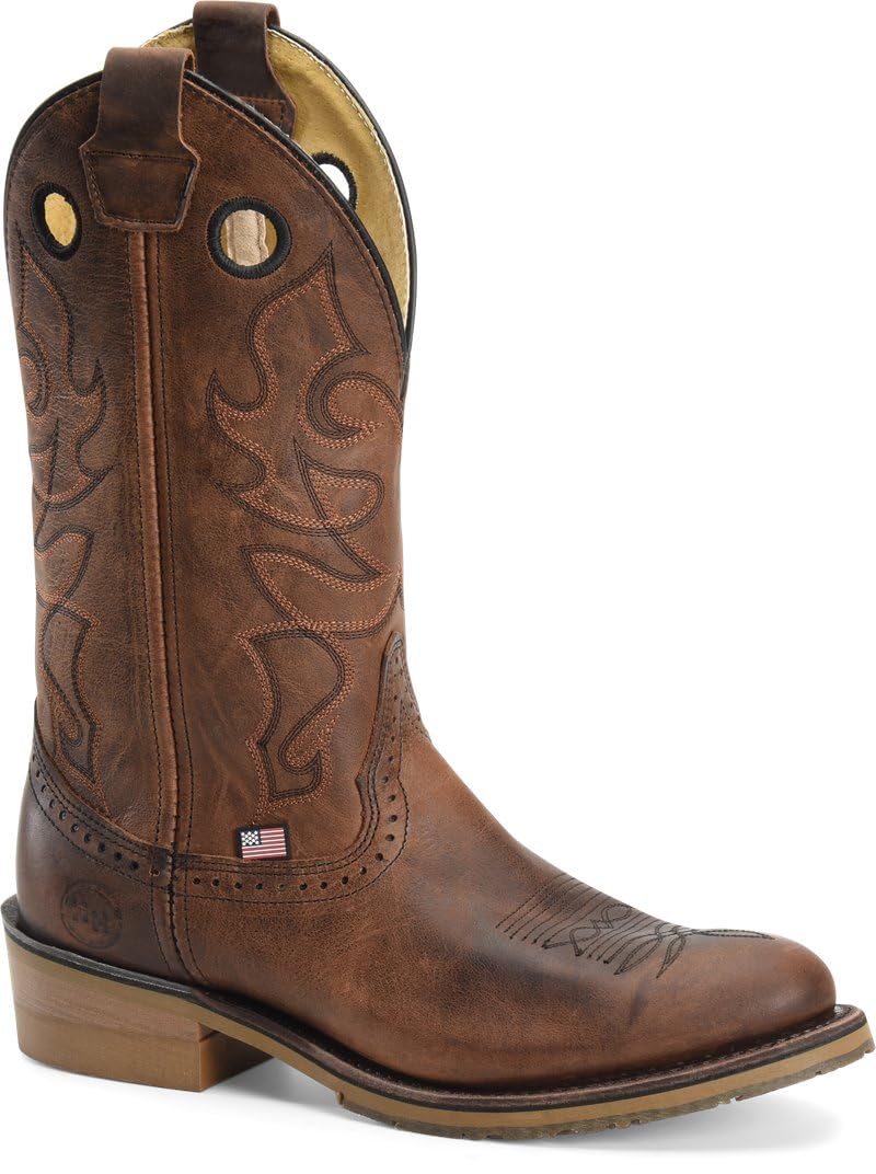 Men's 12 Inch Dark Brown Western Work Boots by Double-H - Durable R Toe Safety Boots for Cowboy, Ranch & Construction Work