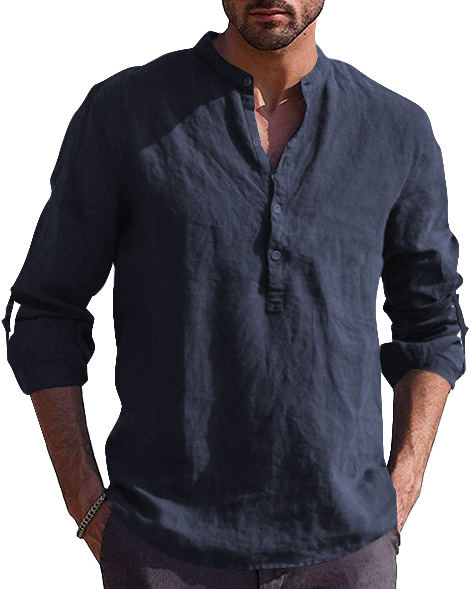 Men's Long Sleeve Casual Cotton Shirt - Solid Color Breathable Henley Top for Beach, Yoga, Work & Everyday Wear