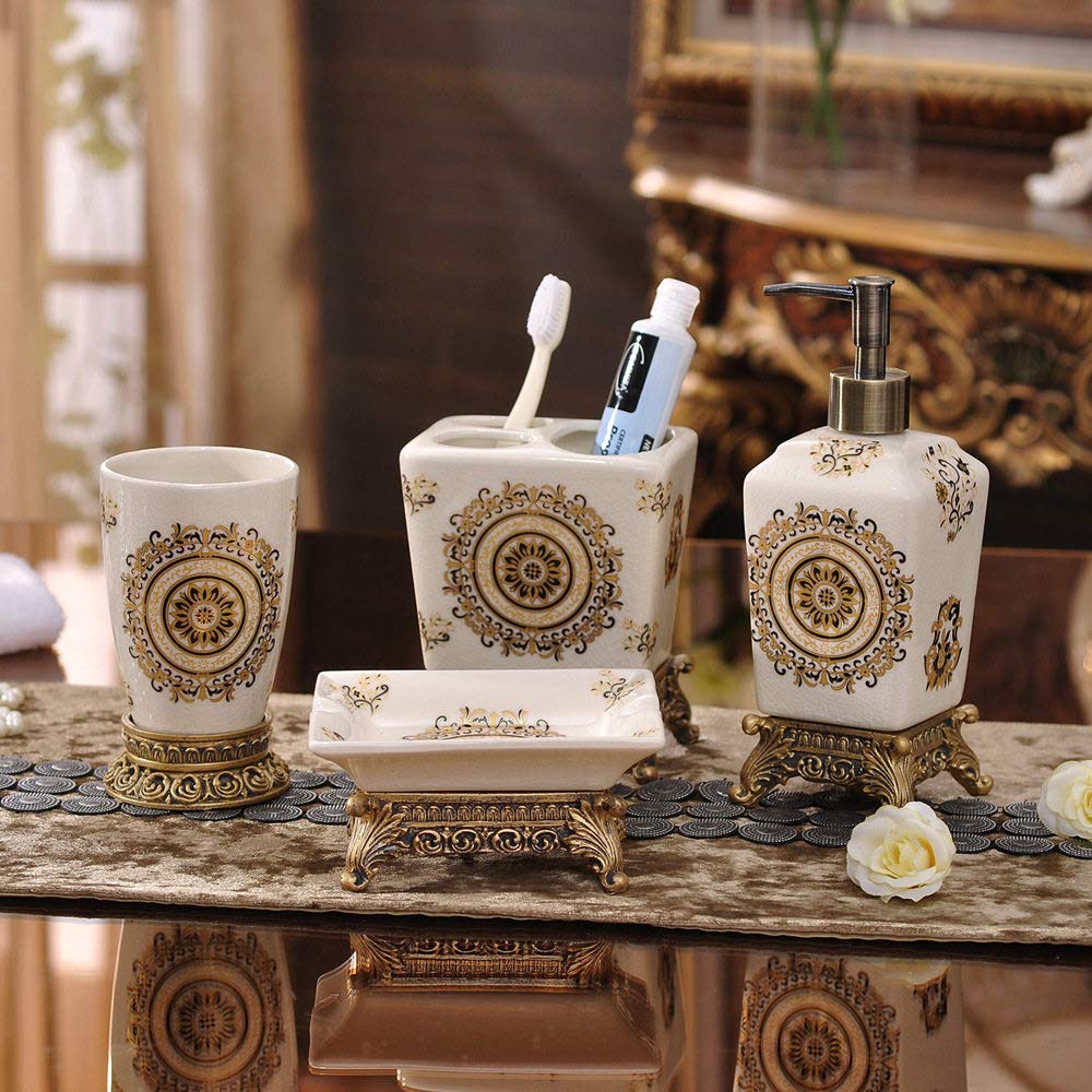 Vintage Ceramic Bathroom Accessories Set - 4 Piece Floral Decor with Soap Dispenser, Tumbler, Soap Dish & Toothbrush Holder for Home, Hotel Vanity Countertop - Perfect for Bathroom Decor, Housewarming Gifts & Spa Style Decorating