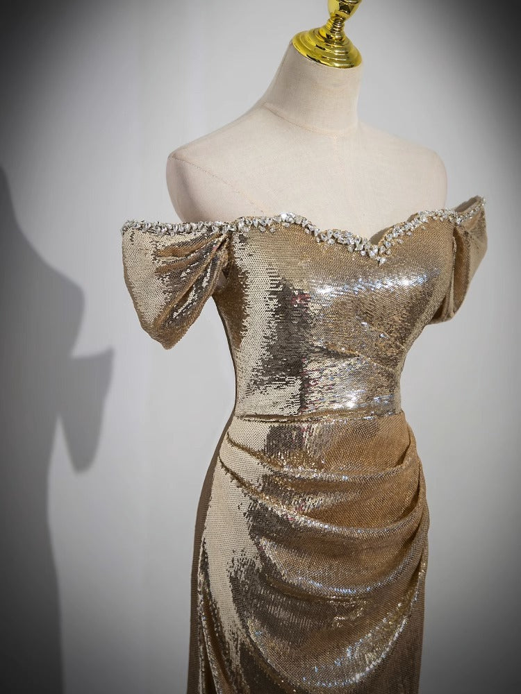 Elegant Gold Off-Shoulder Sequin Evening Gown with Train - Vintage 1969 Style for Prom, Wedding & Formal Events