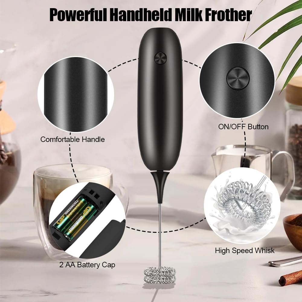 Electric Milk Frother Handheld - Battery Powered Drink Mixer & Foamer for Coffee, Latte, Cappuccino, Hot Chocolate - Portable Mini Whisk for Home, Office, Travel - Black