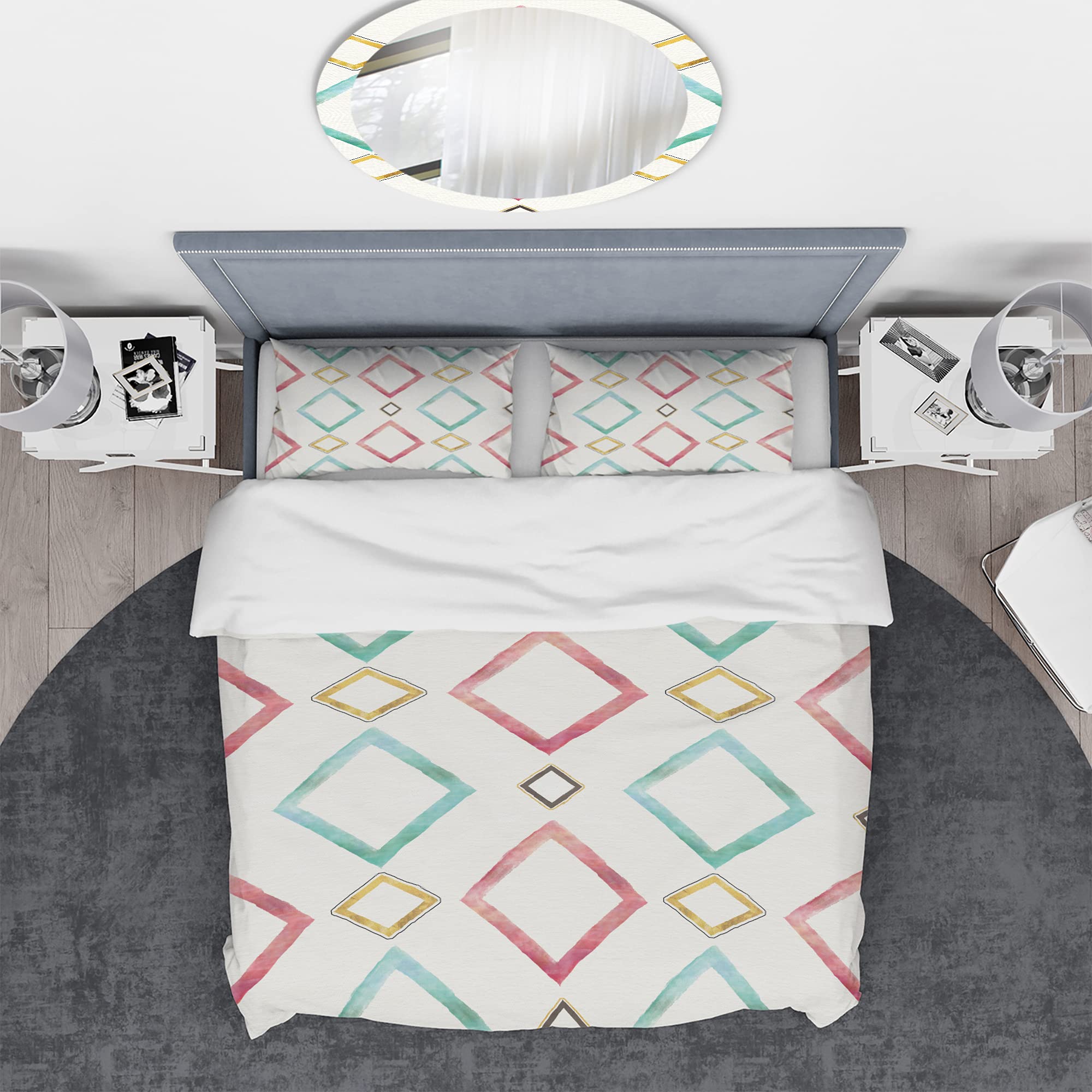 DesignQ Gilded Red & Blue Diamonds Mid-Century Modern Duvet Cover Set - Twin Size Blue Abstract Bedding (3-Piece) | All-Season Luxury Bedroom Decor for Guest Rooms & Master Suites