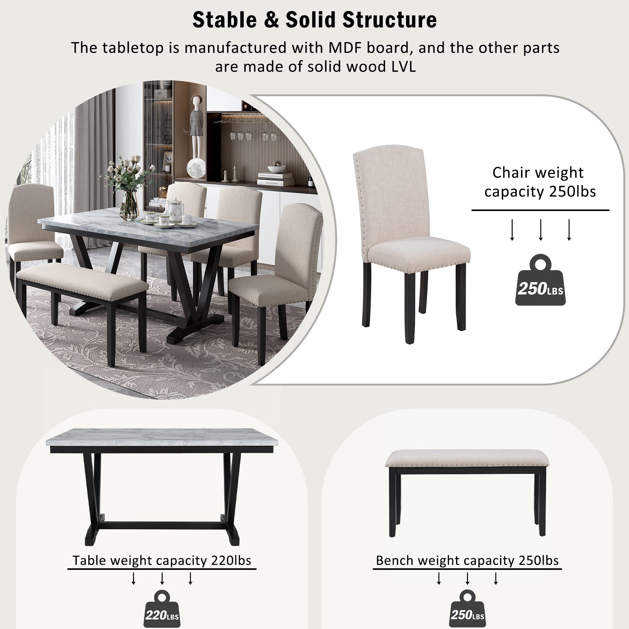 Yoglad 6-Piece White Dining Table Set with 60