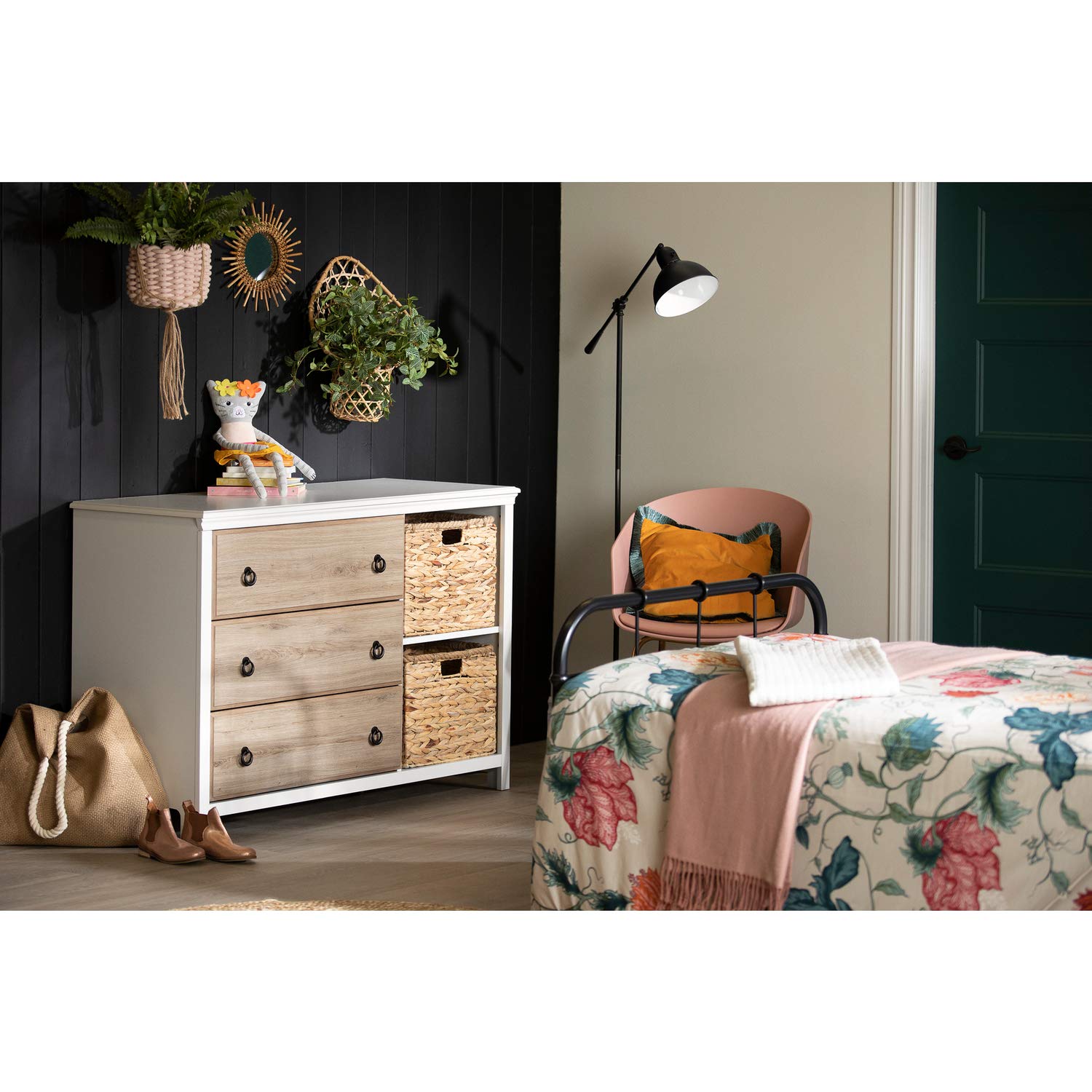 South Shore Cotton Candy 3-Drawer Dresser with Baskets in Pure White & Rustic Oak - Coastal Style Bedroom Storage for Kids, Teens & Nursery Organization