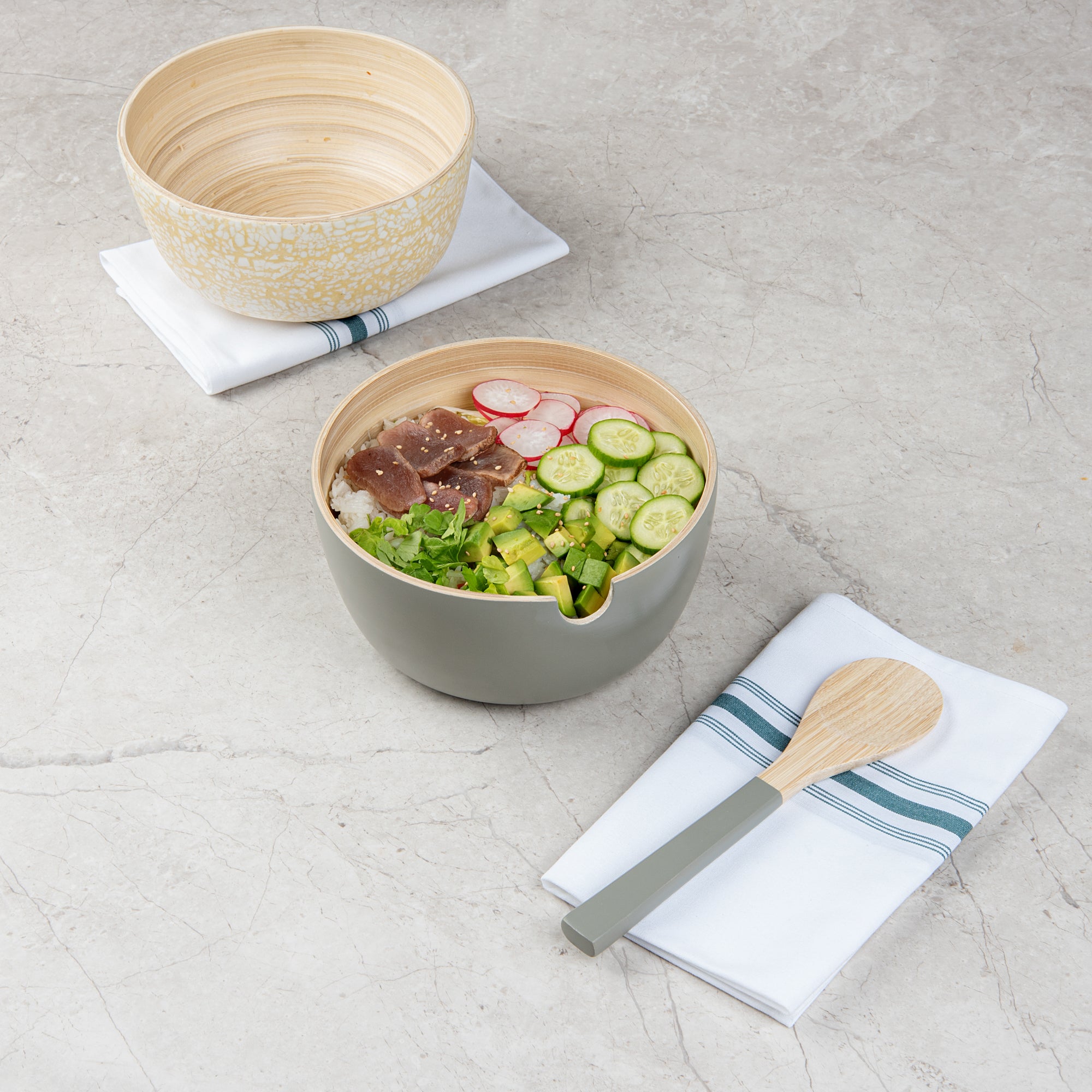 Bambuddha 25 oz Round Gray Spun Bamboo Serving Bowl with Serving Spoon - 7.75