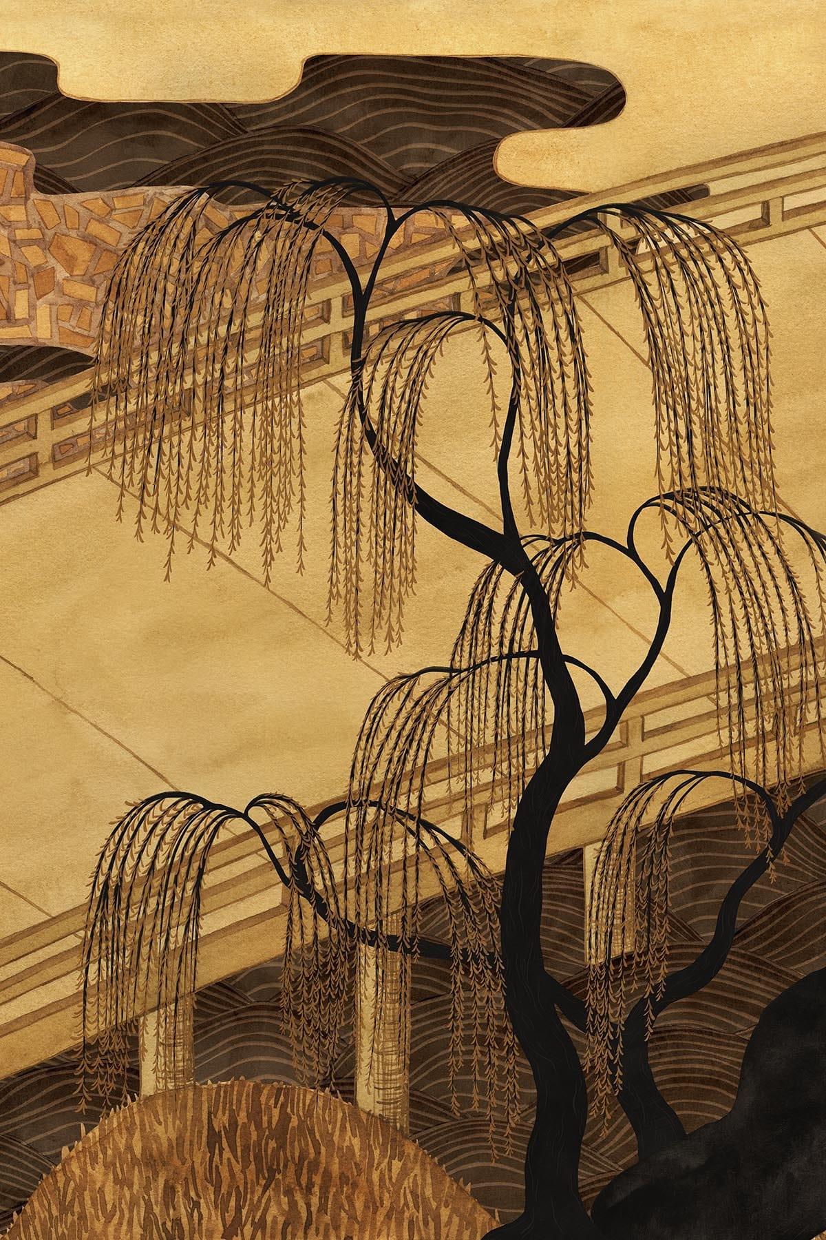 Asian Garden Golden Ochre - Premium Home Decor & Gift for Housewarming, Wedding, or Feng Shui Use