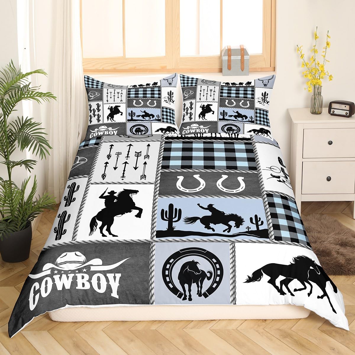 Western Cowboy Kids Duvet Cover Set Twin Size - Horseshoes Cactus Rustic Farmhouse Bedding for Boys & Girls - Blue Retro Arrow Geometric Plaid Quilt Cover with 1 Pillowcase - Perfect for Wild West Themed Bedrooms, Kids' Rooms, and Farmhouse Decor