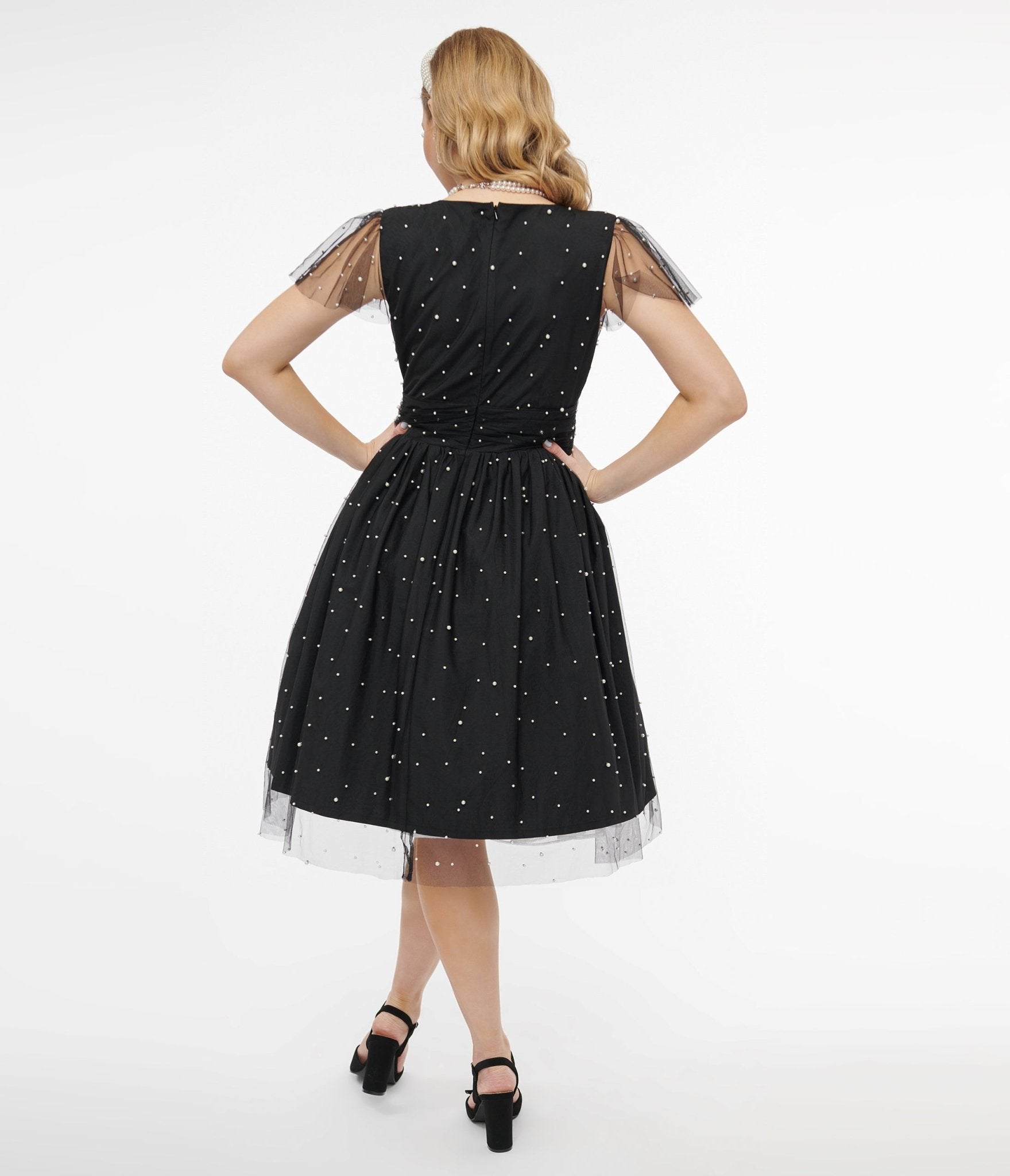 Vintage 1950s Black Swing Dress with Faux Pearl Accents - Retro Cocktail Party & Formal Evening Wear for Women
