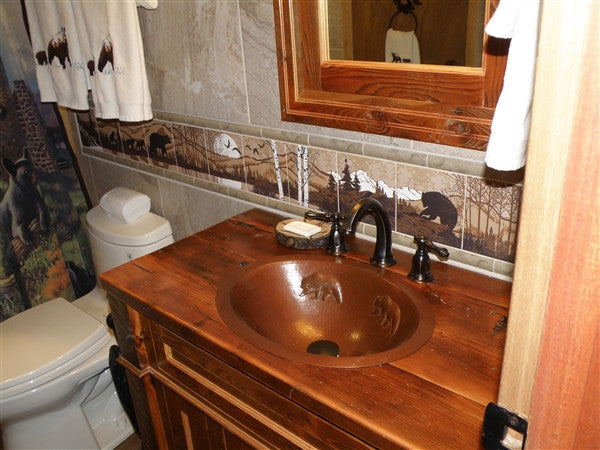 Handcrafted Oval Copper Sink with Bears Design - Rustic Rounded Edge for Farmhouse & Cabin Bathroom Decor
