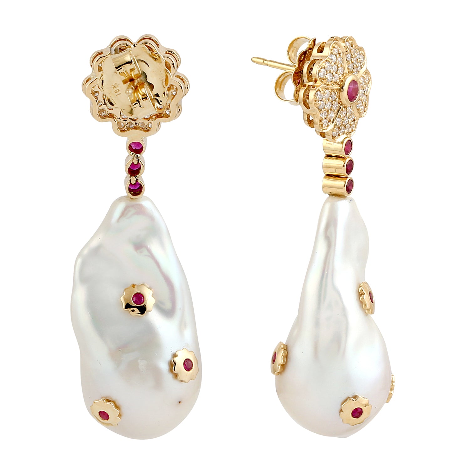 18K Yellow Gold Ruby Gemstone Diamond Pearl Flower Dangle Earrings - Handmade Luxury Jewelry for Women - Perfect for Weddings, Parties & Special Occasions