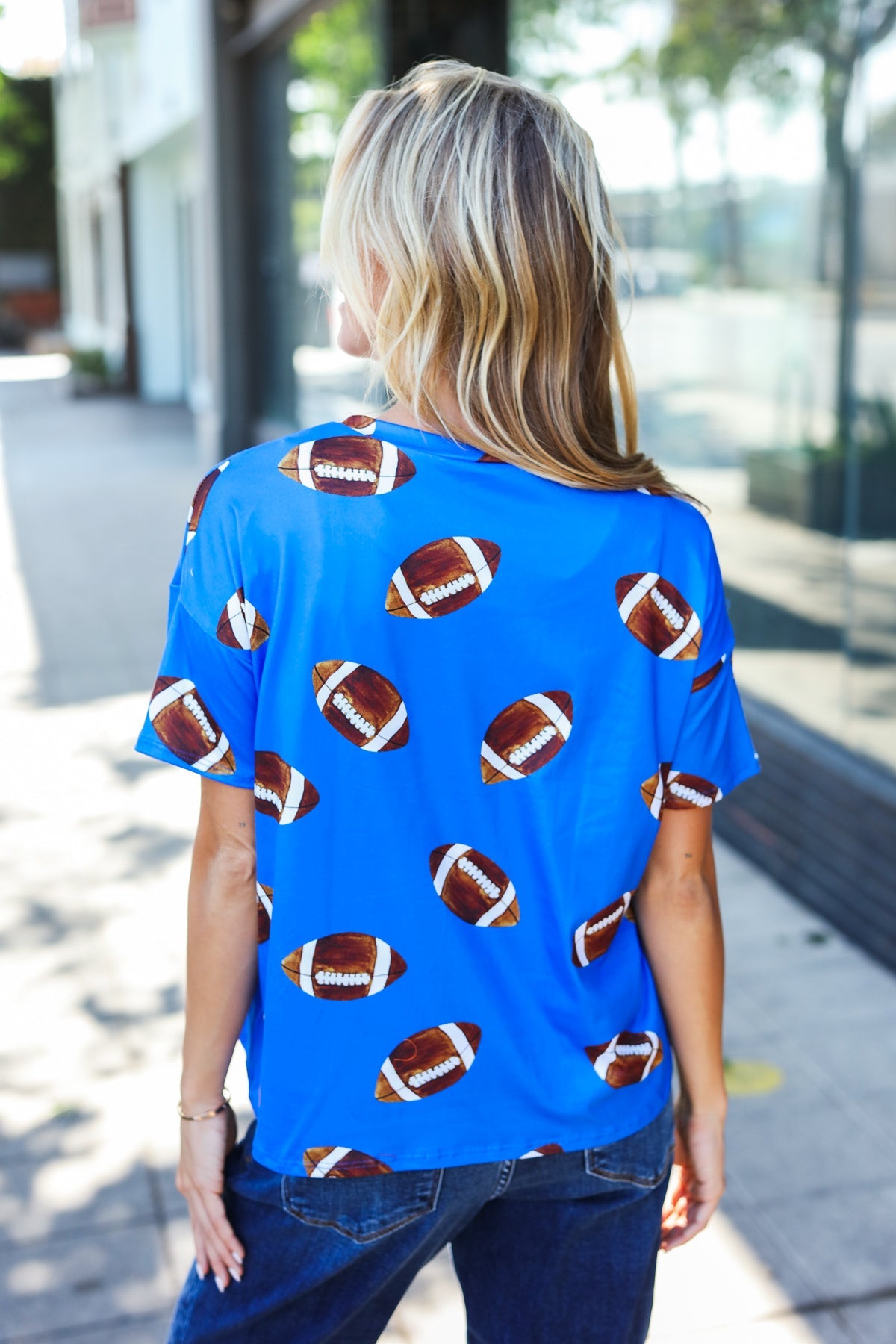 Game Day Blue Football Print Knit Top - Comfortable Sports Fan Tee for Women - Perfect for Football Games, Tailgating & Casual Wear