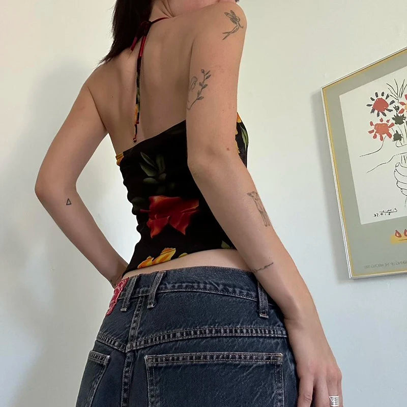 Floral Print Backless Halter Crop Top for Women - Sexy Summer Beachwear & Casual Harajuku Style | Perfect for Vacations, Music Festivals & Night Out