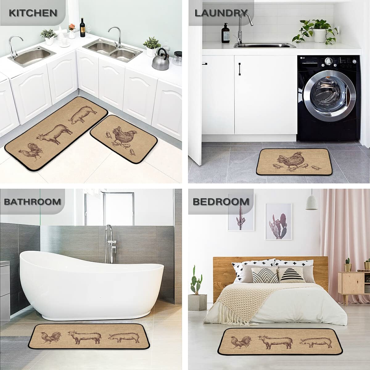 Farmhouse Rooster Kitchen Rugs Set of 2 - Non-Slip Washable Runner Mats for Kitchen & Living Room Floor - Fall Home Decor for Farmhouse Style & Country Kitchen