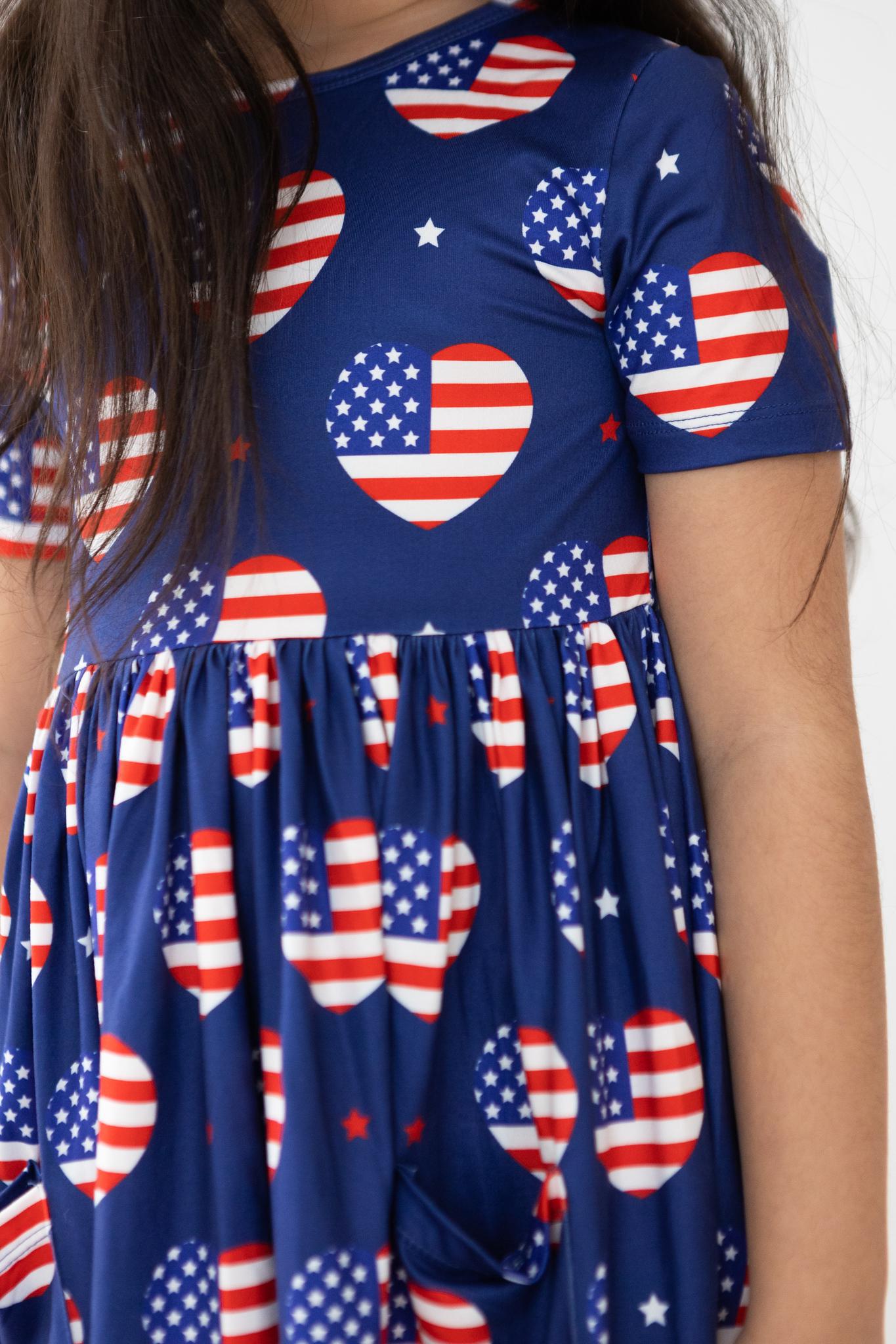 I Heart the USA Short Sleeve Pocket Twirl Dress - Casual Summer Swing Dress for Women, Perfect for Picnics, Parties & Patriotic Events
