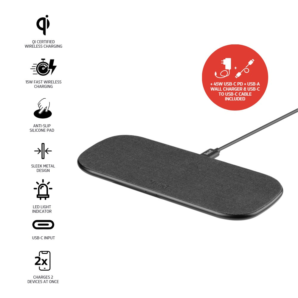 3sixT 15W + 15W Fast Wireless Charging Pad for iPhone & Android - Dual Device Charging Station - Black - Perfect for Home, Office & Nightstand Charging