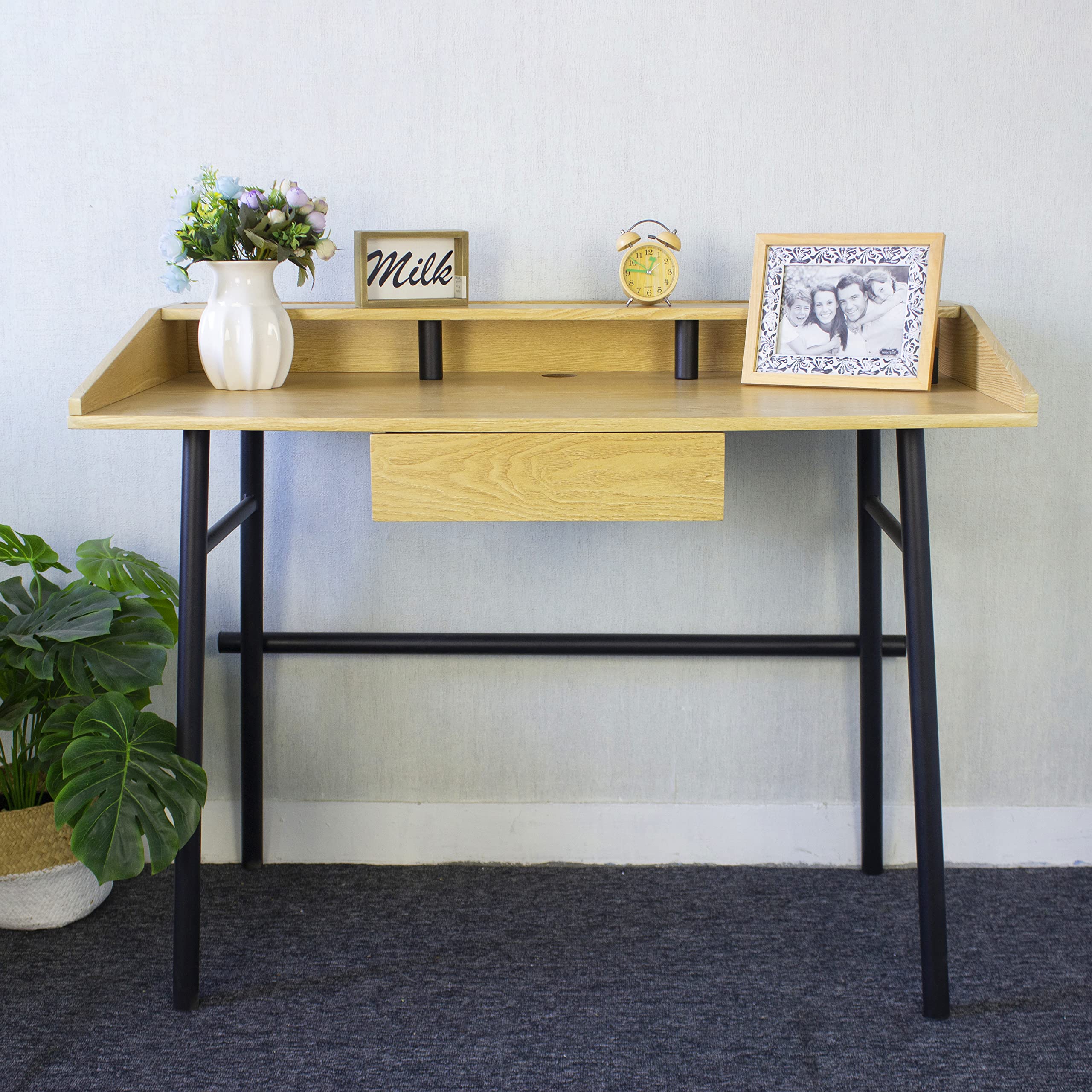 BUBUI 43.3 Inch Wooden Computer Desk with Monitor Stand & Printer Shelf - Home Office Desk for Study, Gaming & Workstation Setup