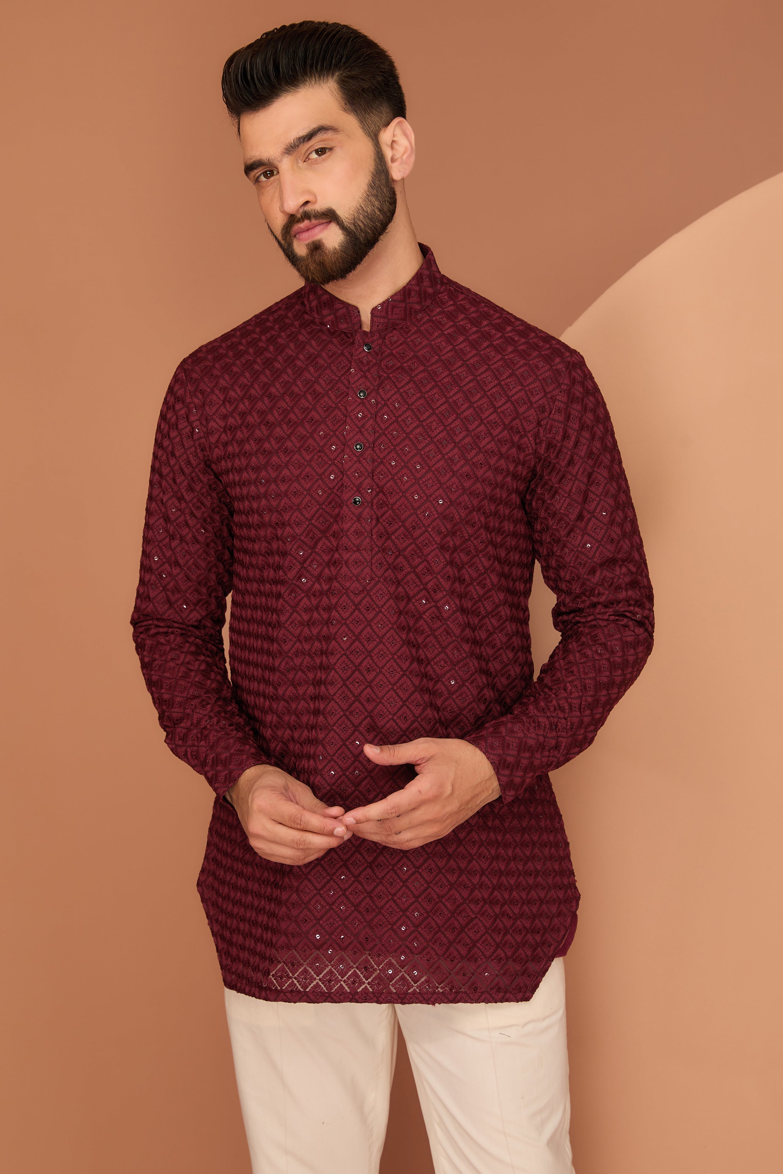 Elegant Maroon Short Chikankari Kurta with Royal Cut - Perfect for Festivals, Weddings & Casual Wear