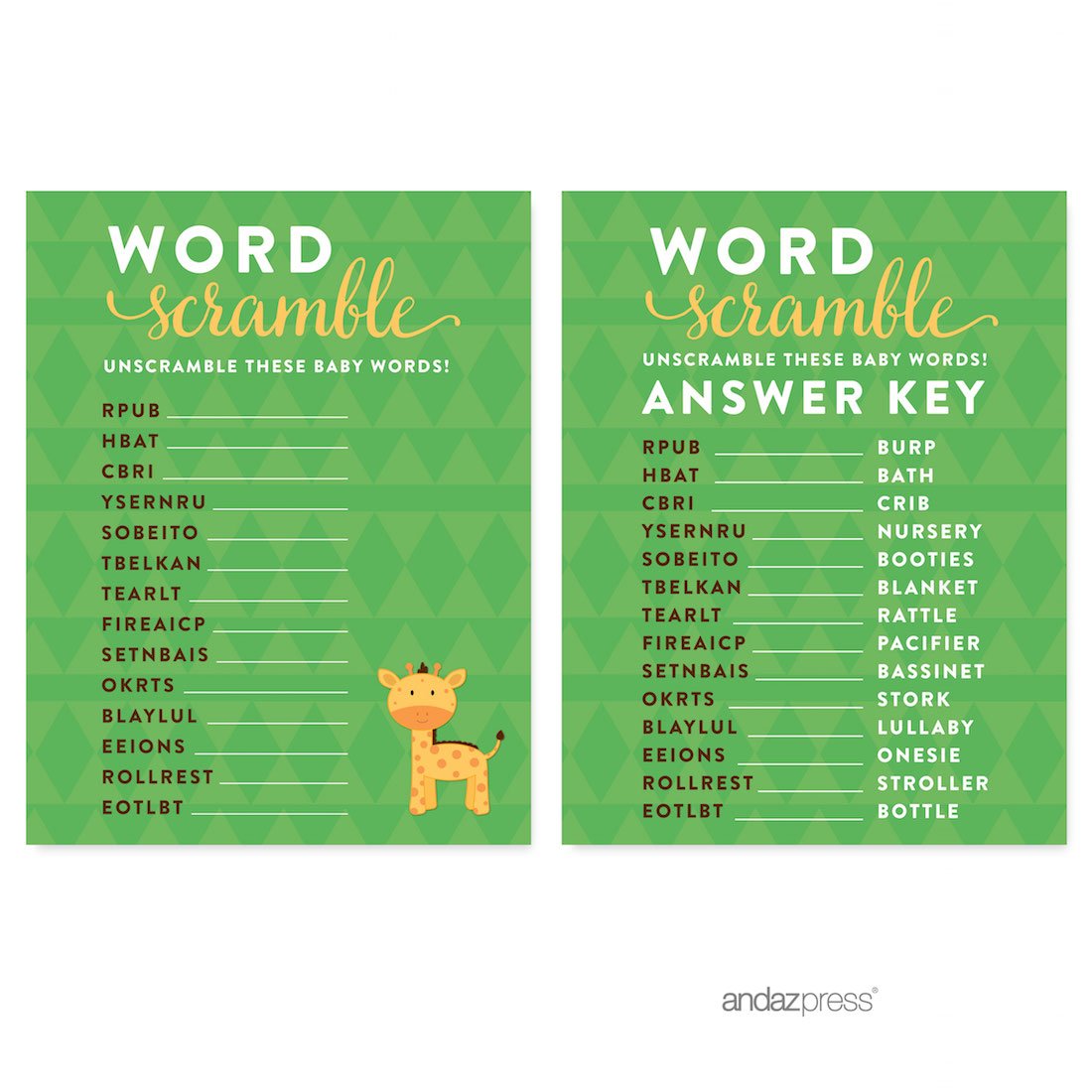 Andaz Press Jungle Safari Baby Shower Party Decorations Set - 20-Pack with Word Scramble Game Cards, Invitations & Activities for Wild One Theme Celebrations - Perfect for Baby Showers, Gender Reveals & Nursery Decor