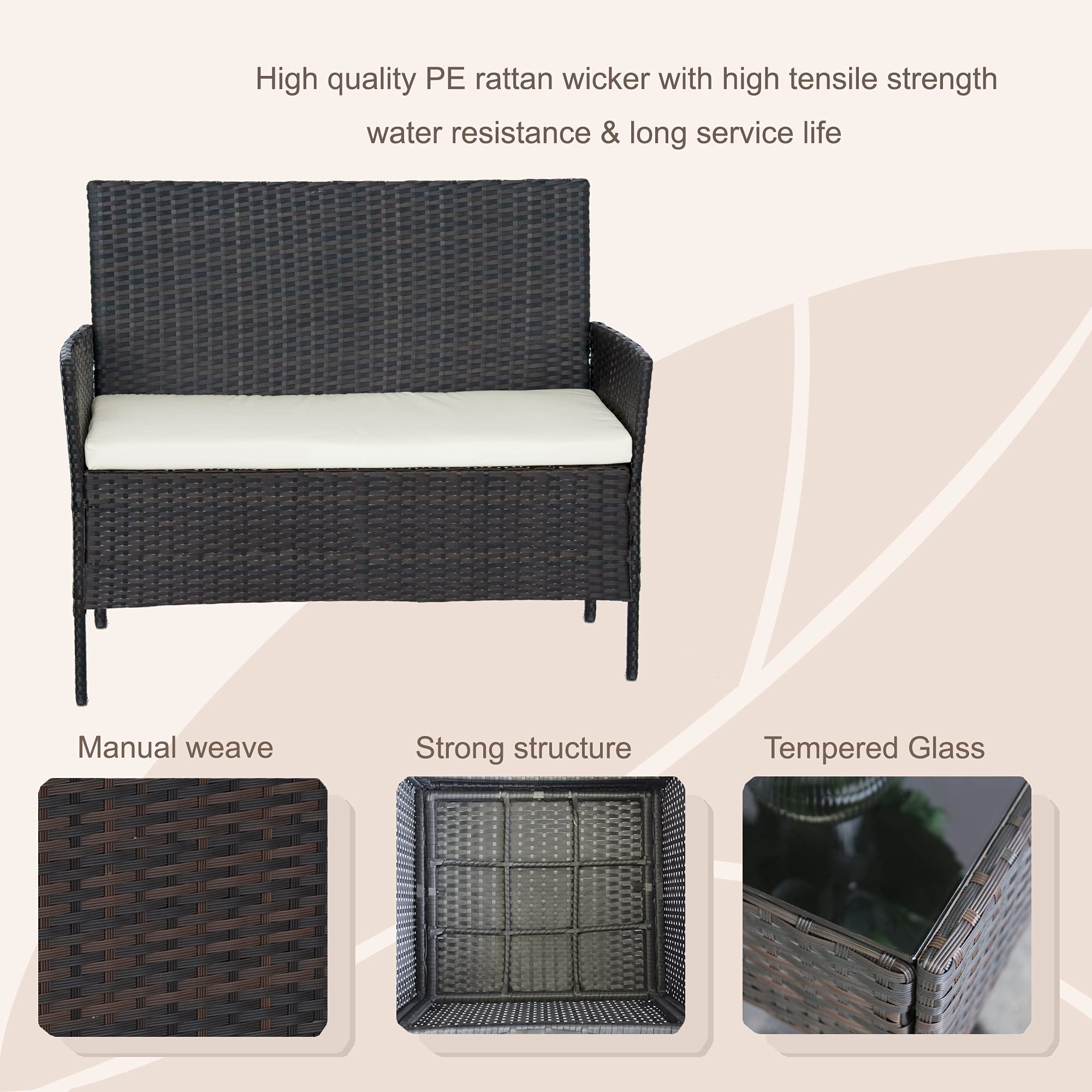 3-Piece Outdoor Wicker Patio Furniture Set - PE Rattan Sofa Chairs with Washable Cushions & Tempered Glass Tabletop - Brown - Perfect for Garden, Porch, Backyard and Poolside Relaxation