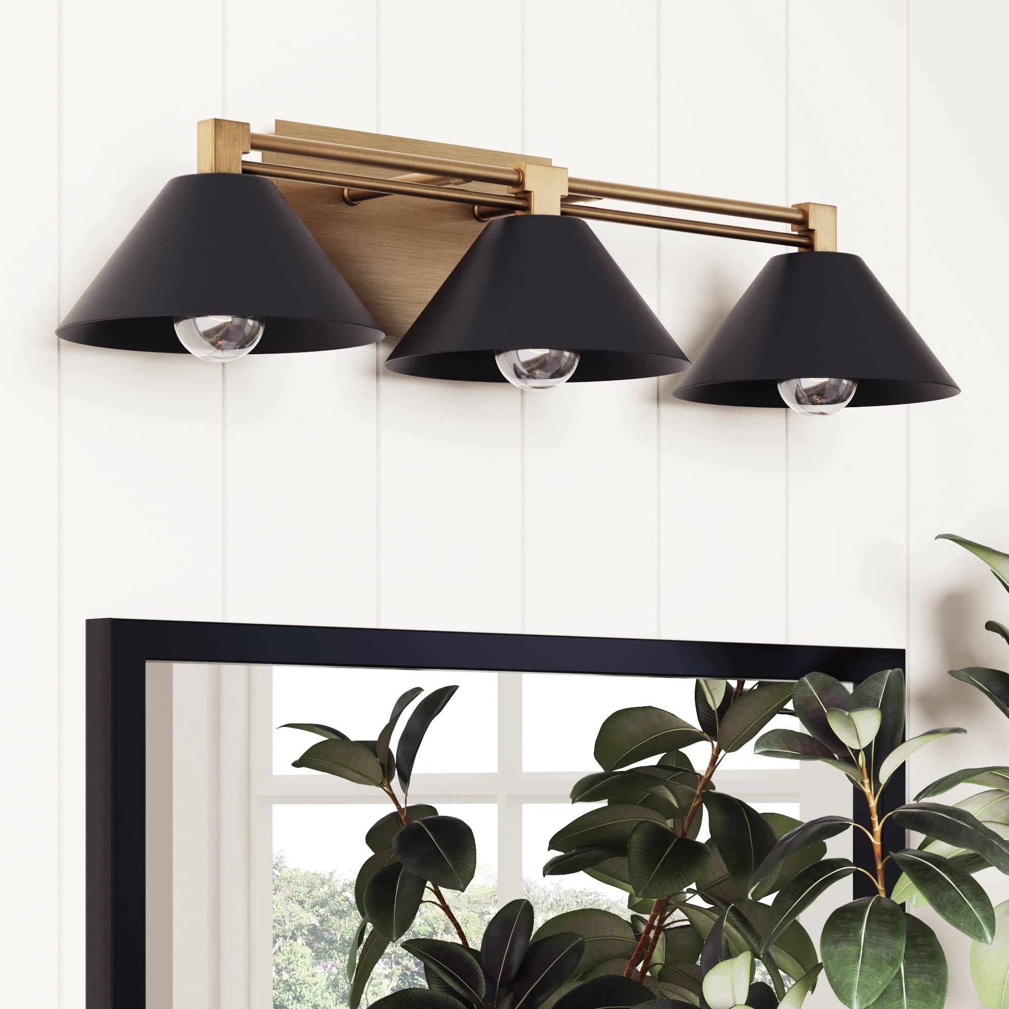 Nathan James Ronnie Industrial 3-Light Vanity Light Fixture - Art Deco Wall Mounted Bathroom Lighting in Brass/Black - Perfect for Modern Vanity, Powder Room & Spa-Style Bathrooms