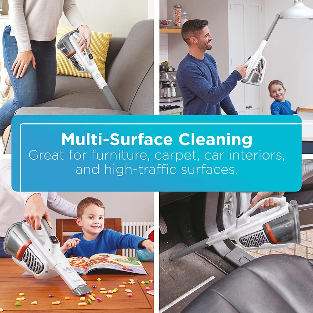 BLACK+DECKER Dustbuster AdvancedClean+ Cordless Handheld Vacuum Cleaner - Powerful 20V Lithium Battery, Lightweight & Portable for Quick Cleanups - Ideal for Home, Car, Stairs, Pet Hair (HHVK320J10, White)