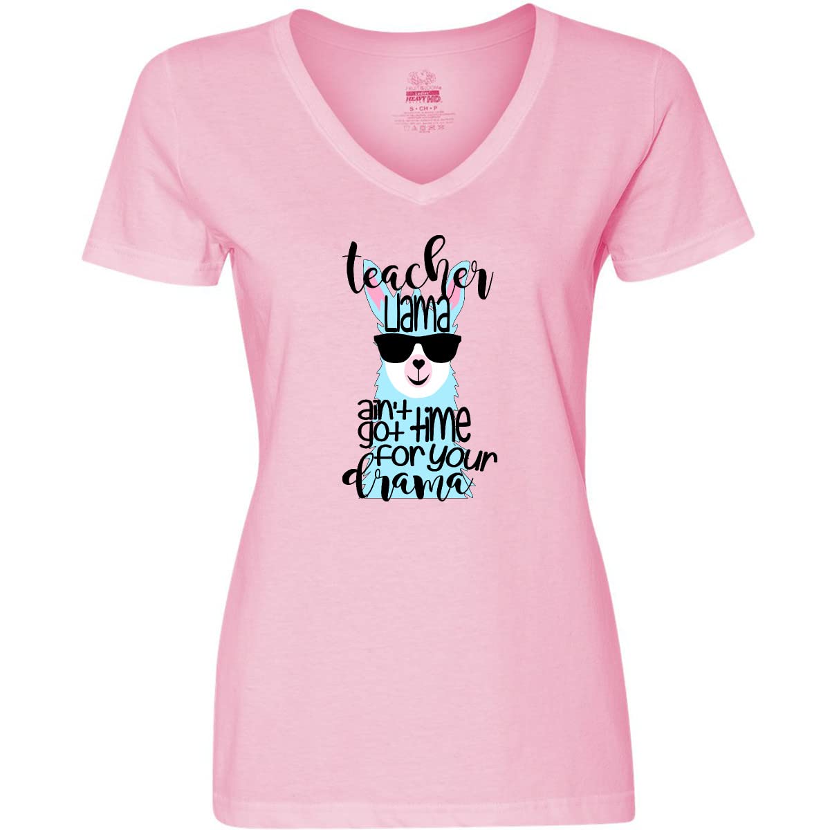 Inktastic Teacher Llama Ain't Got Time for Your Drama Women's V-Neck T-Shirt - Funny Teacher Apparel for School, Classroom & Casual Wear