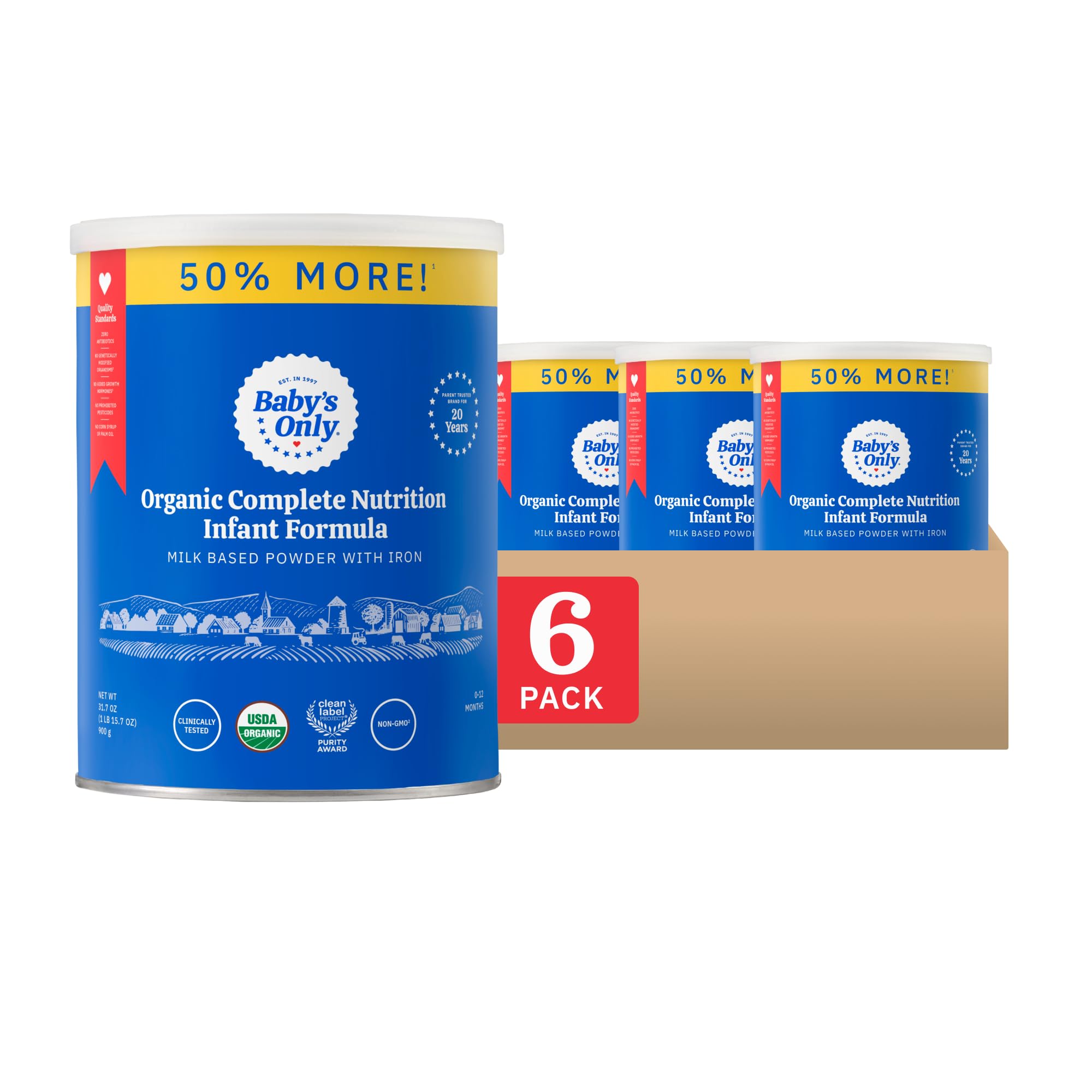 Baby's Only Organic Complete Nutrition Infant Formula - Milk-Based Powder Modeled After Breast Milk | Iron, Vitamin D & Essential Nutrients | Newborn to 12 Months | 31oz (6 Pack) | Ideal for On-the-Go Feeding & Supplementing Breastfeeding
