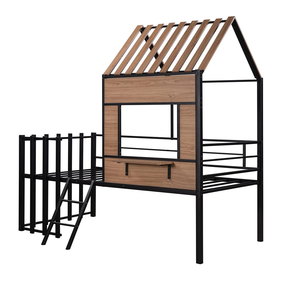 TRIPLE TREE Twin Size Low Loft Bed with Ladder - Sturdy Metal House Bed Frame with Roof, Window & Safety Guardrails for Kids & Teens - No Box Spring Needed - Black - Perfect for Small Bedrooms, Dorm Rooms & Kids' Play Areas