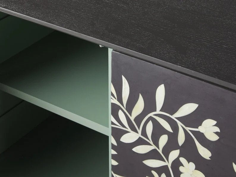 Handmade Black Bone Inlay Flower Design Media Console TV Stand - Elegant Home Entertainment Furniture for Living Room & Bedroom