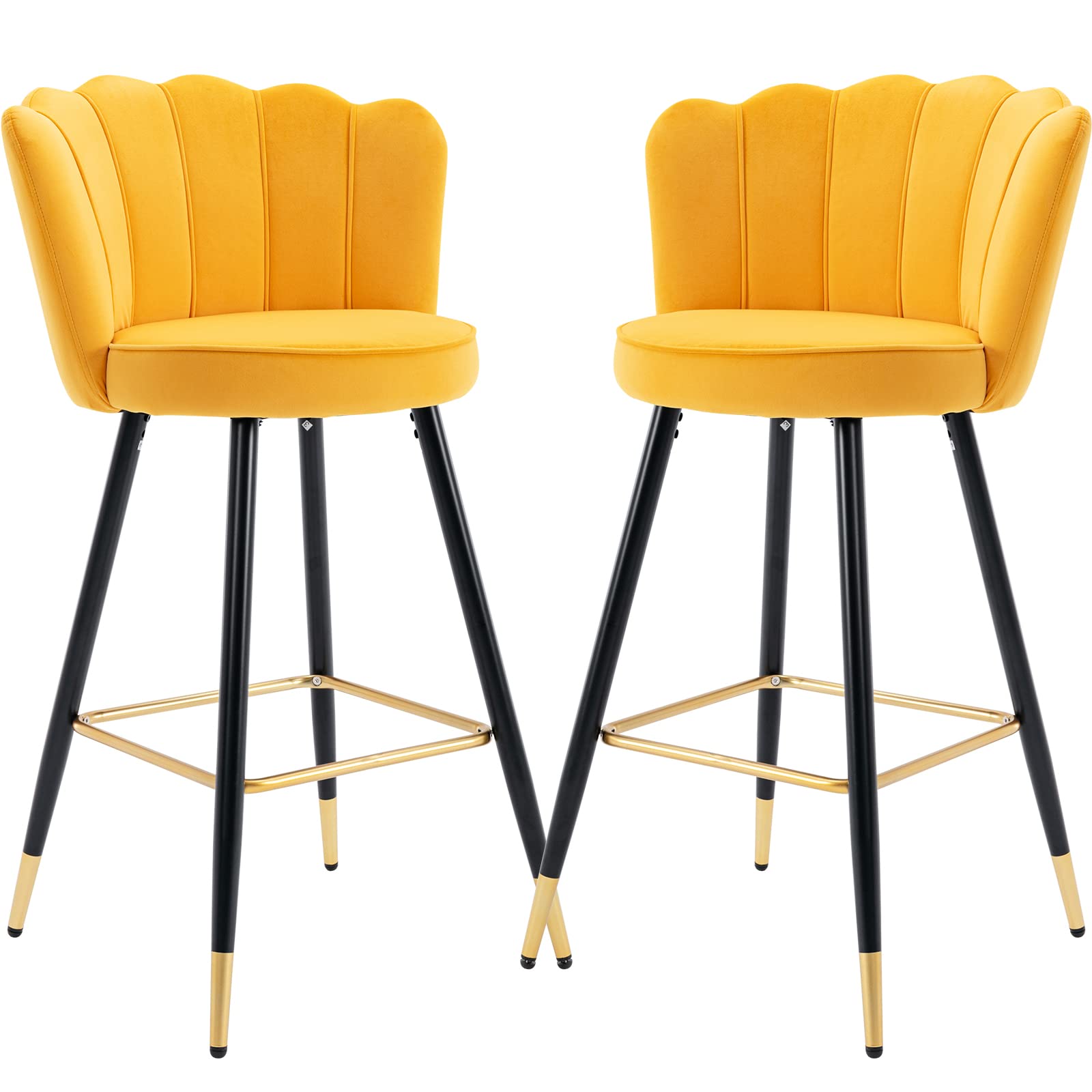 Velvet Bar Stools Set of 2 - Mid Century Modern Kitchen Stools with Floral Back, 30 Inch Tall Bar Height, Comfortable Padded Seat - Perfect for Kitchen Islands, Breakfast Bars & Home Decor (Yellow)