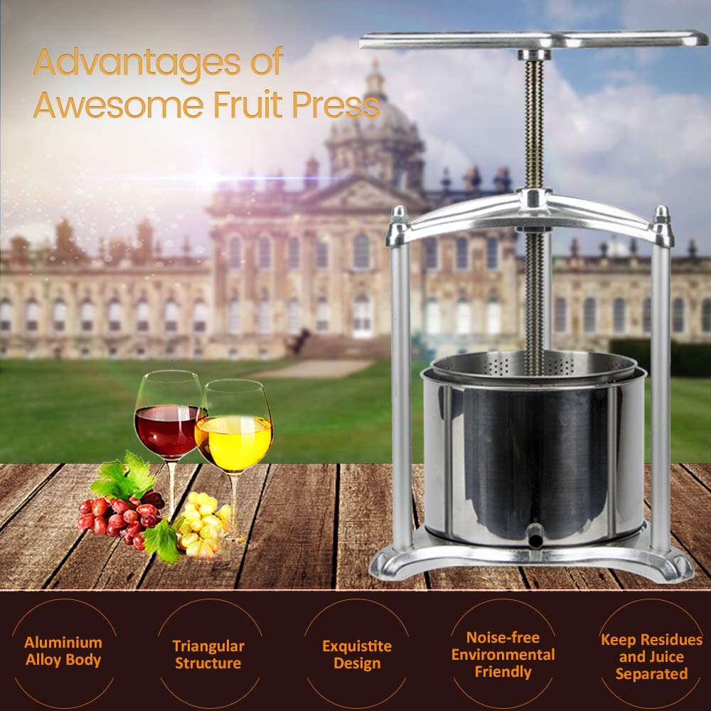 Premium 1.6 Gallon Fruit Wine Press - 100% Natural Juice Extractor for Apples, Carrots, Oranges, Berries & Vegetables | Cheese Making, Tincture & Herbal Press (Silver) | Perfect for Home Brewing, DIY Juicing & Healthy Living