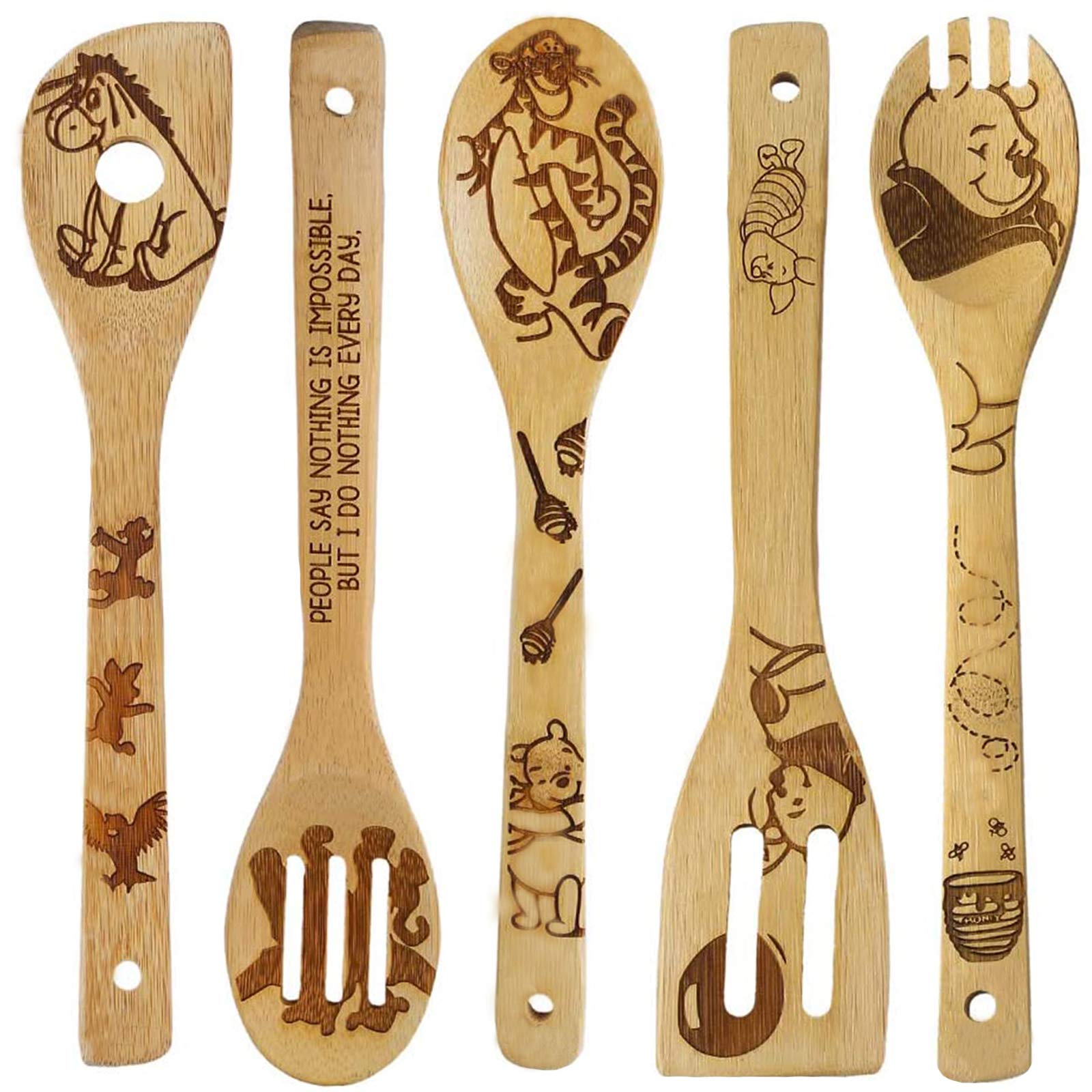 5-Piece Cartoon Wooden Spoon Set for Cooking - Winnie the Bear & Cute Tiger Kitchen Utensils - Wooden Spatula for Baking, Stirring & Decor - Perfect Gift for Women & Kitchen Lovers - Ideal for Home Cooking, Baking & Kitchen Decor