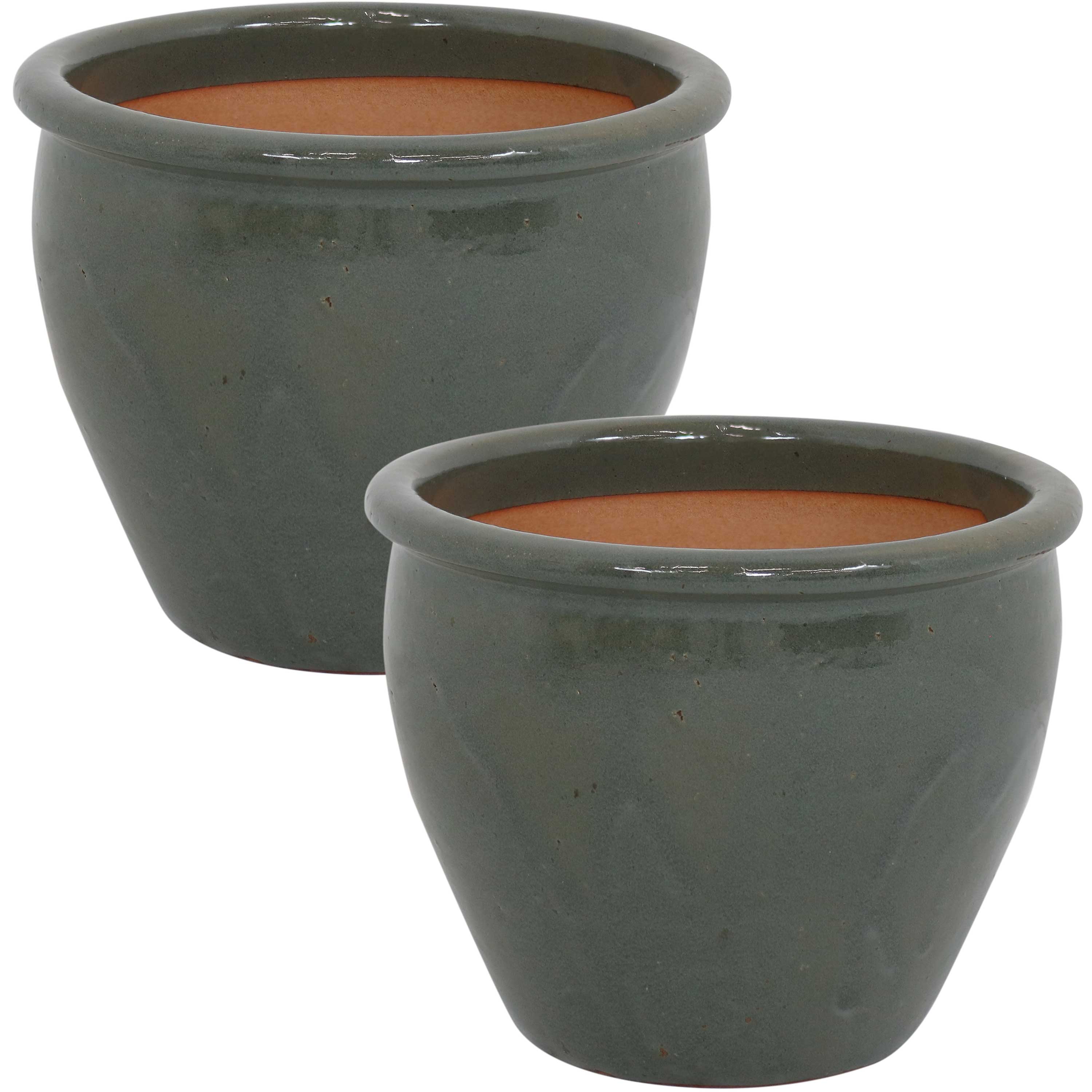 Sunnydaze Chalet Glazed Ceramic Plant Pots with Drainage Holes - Set of 2, Indoor Outdoor Garden Decor for Flowers, Succulents, Herbs - Perfect for Patio, Balcony, and Home Décor