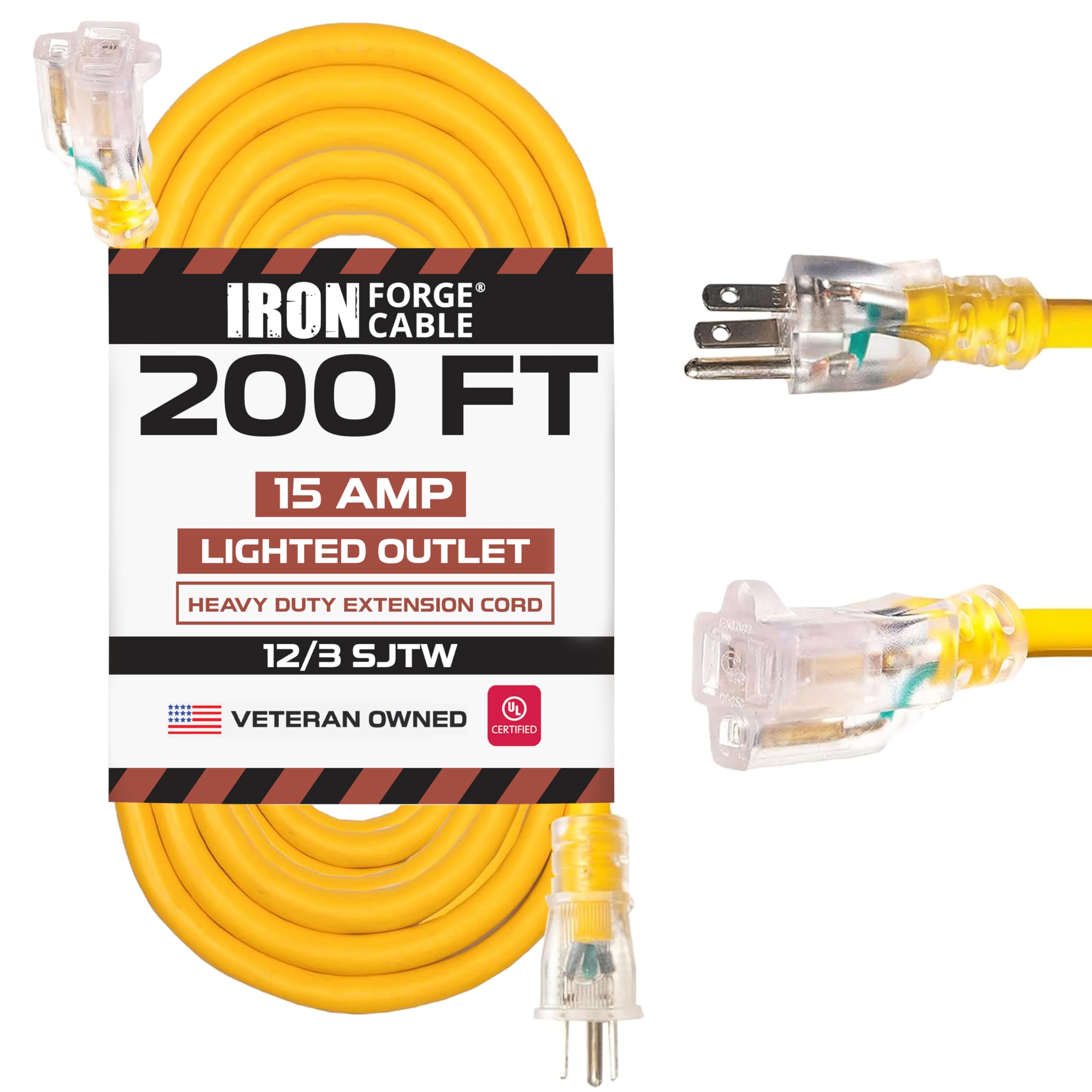 200ft Heavy Duty 12 Gauge Extension Cord - 15 Amp SJTW Outdoor Electrical Cable with Lighted Plug & 3-Prong Grounded (Yellow) - Perfect for Power Tools, RV Camping, Construction Sites & Major Appliances