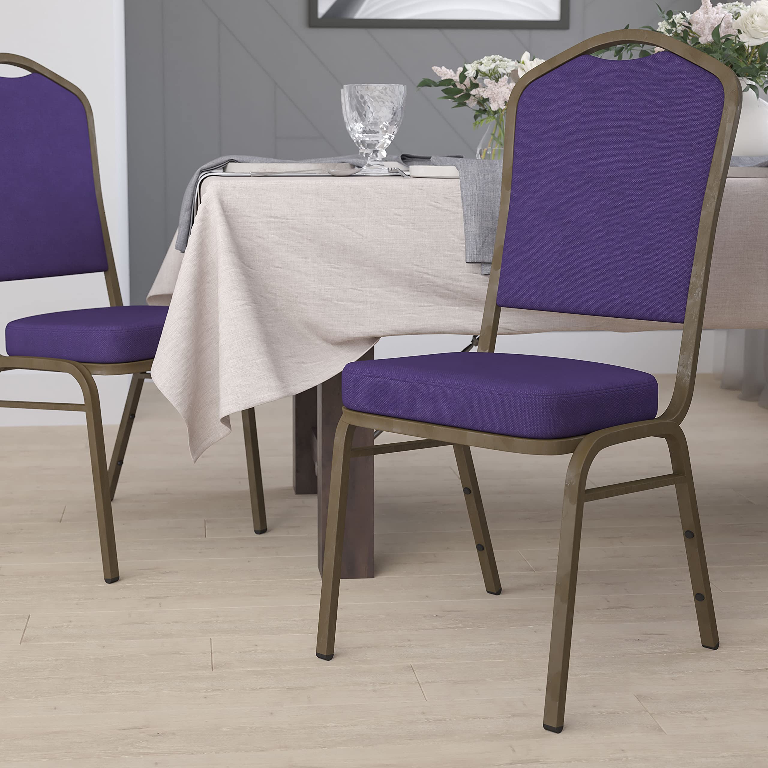 EMMA + OLIVER Crown Back Stacking Banquet Chair - Purple Fabric with Gold Vein Frame - Perfect for Weddings, Events & Home Dining Rooms