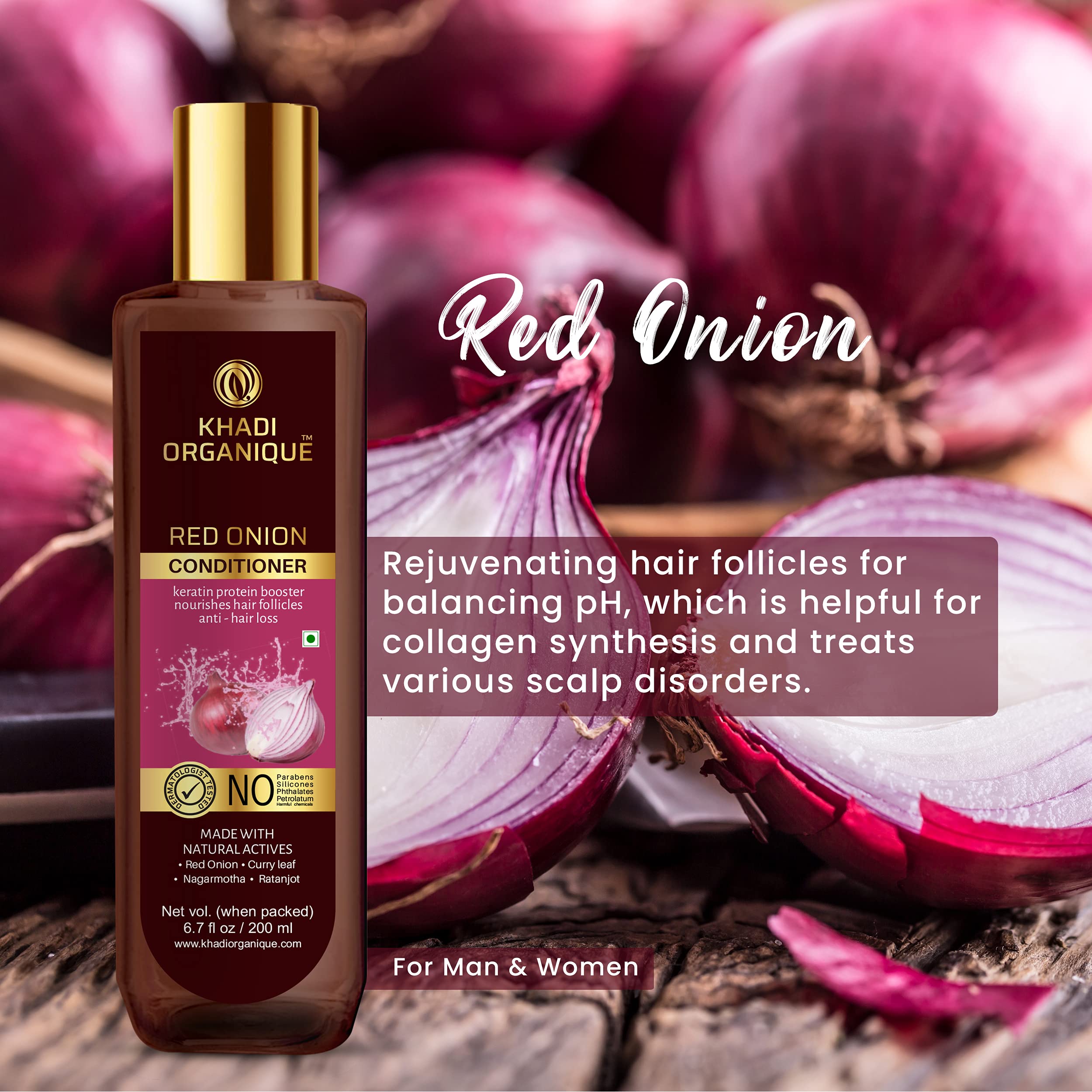 Khadi Organique Red Onion Hair Conditioner with Keratin Protein - Sulfate & Paraben Free for Damaged Hair Repair & Growth - Natural Deep Conditioning Treatment for Dry, Frizzy Hair - Perfect for Daily Use & Scalp Care